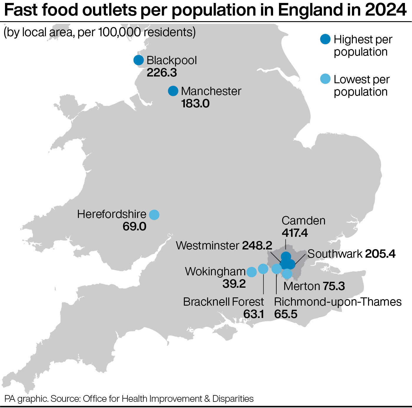 A map showing fast food outlets per population in England in 2024