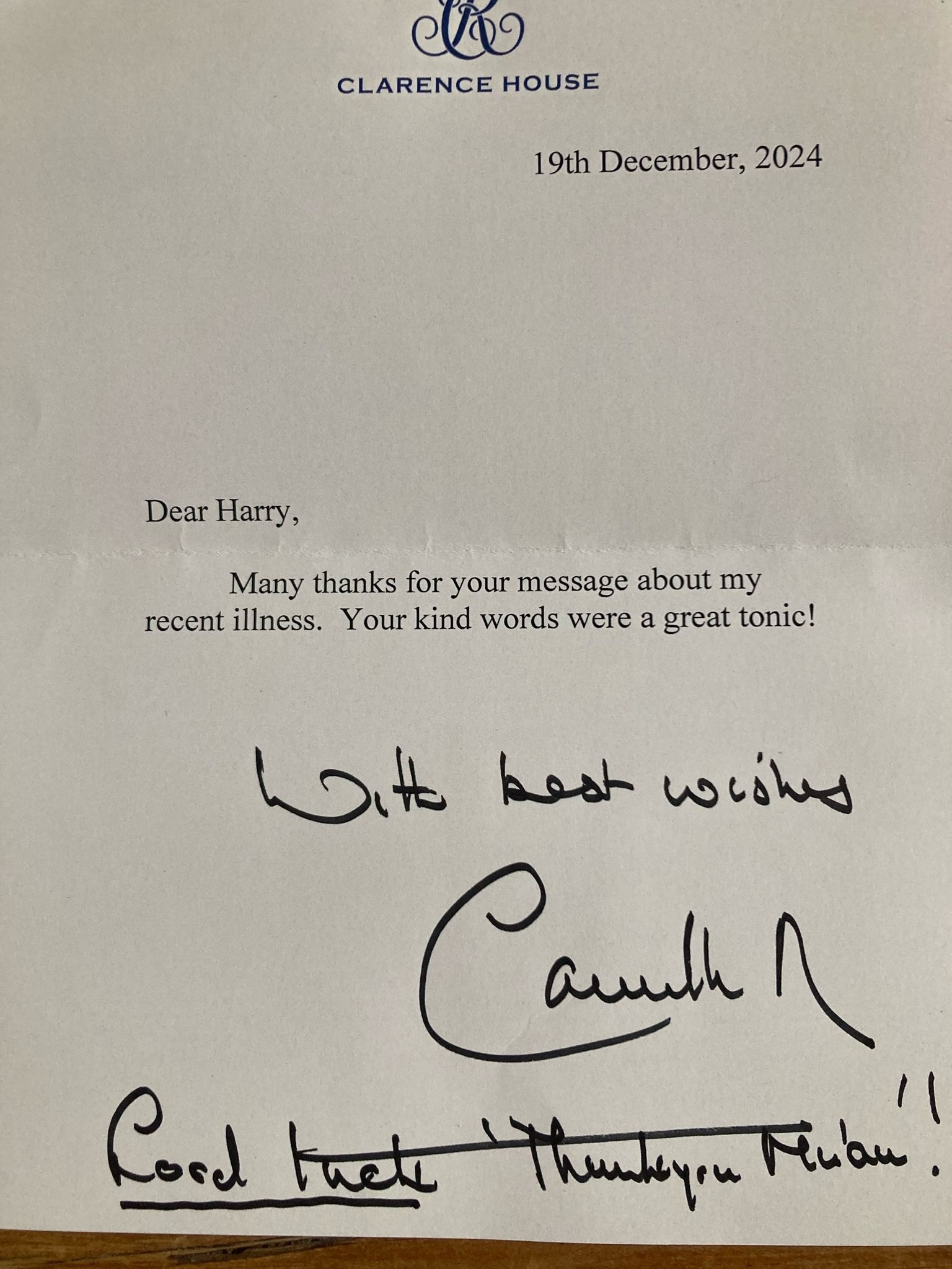 A letter from Queen Camilla, signed in hand-writing