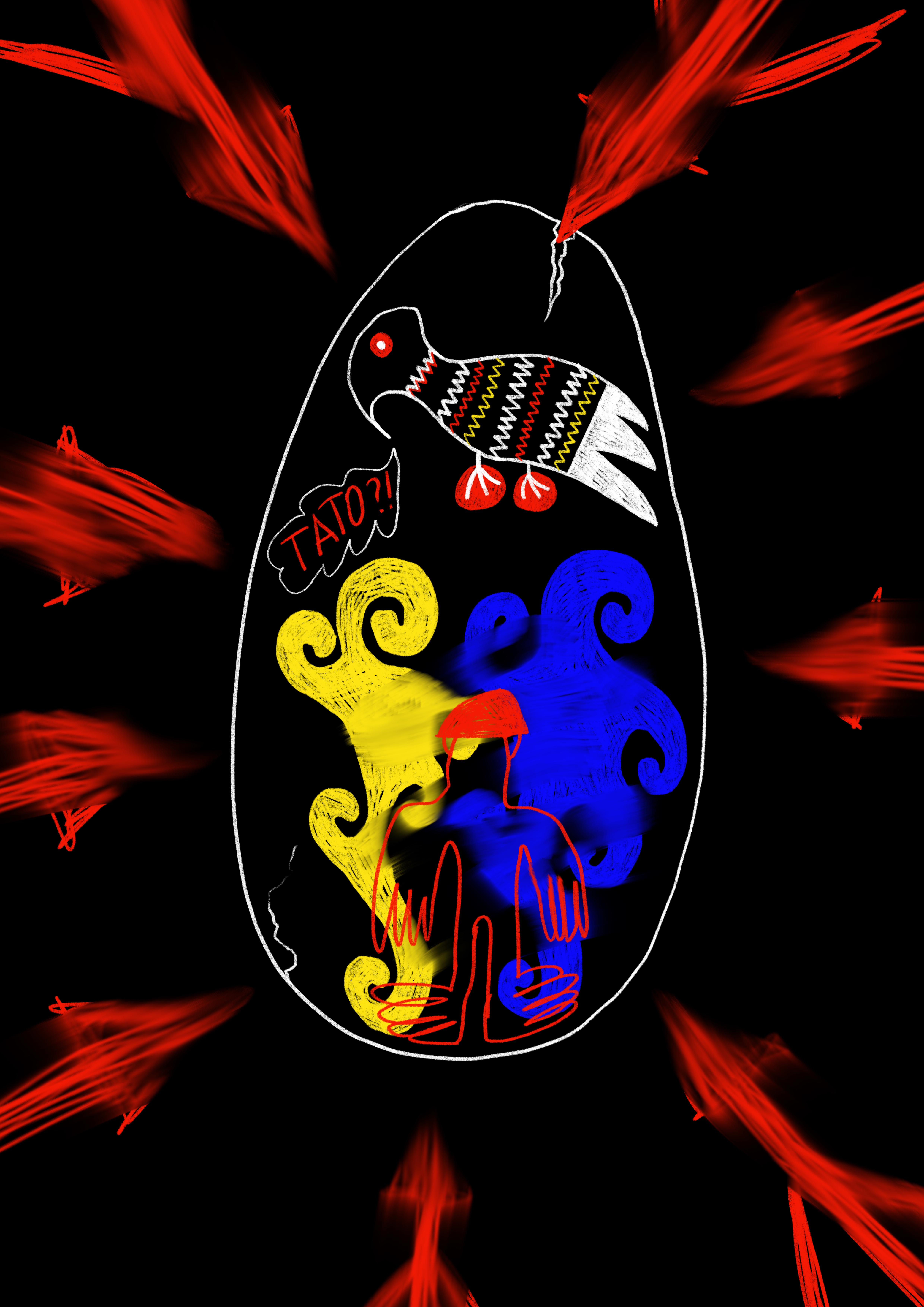 An artwork with a black background depicting a man surrounded by blue and yellow smoke, encased inside an Easter egg, with red arrows representing airstrikes pointing towards the egg