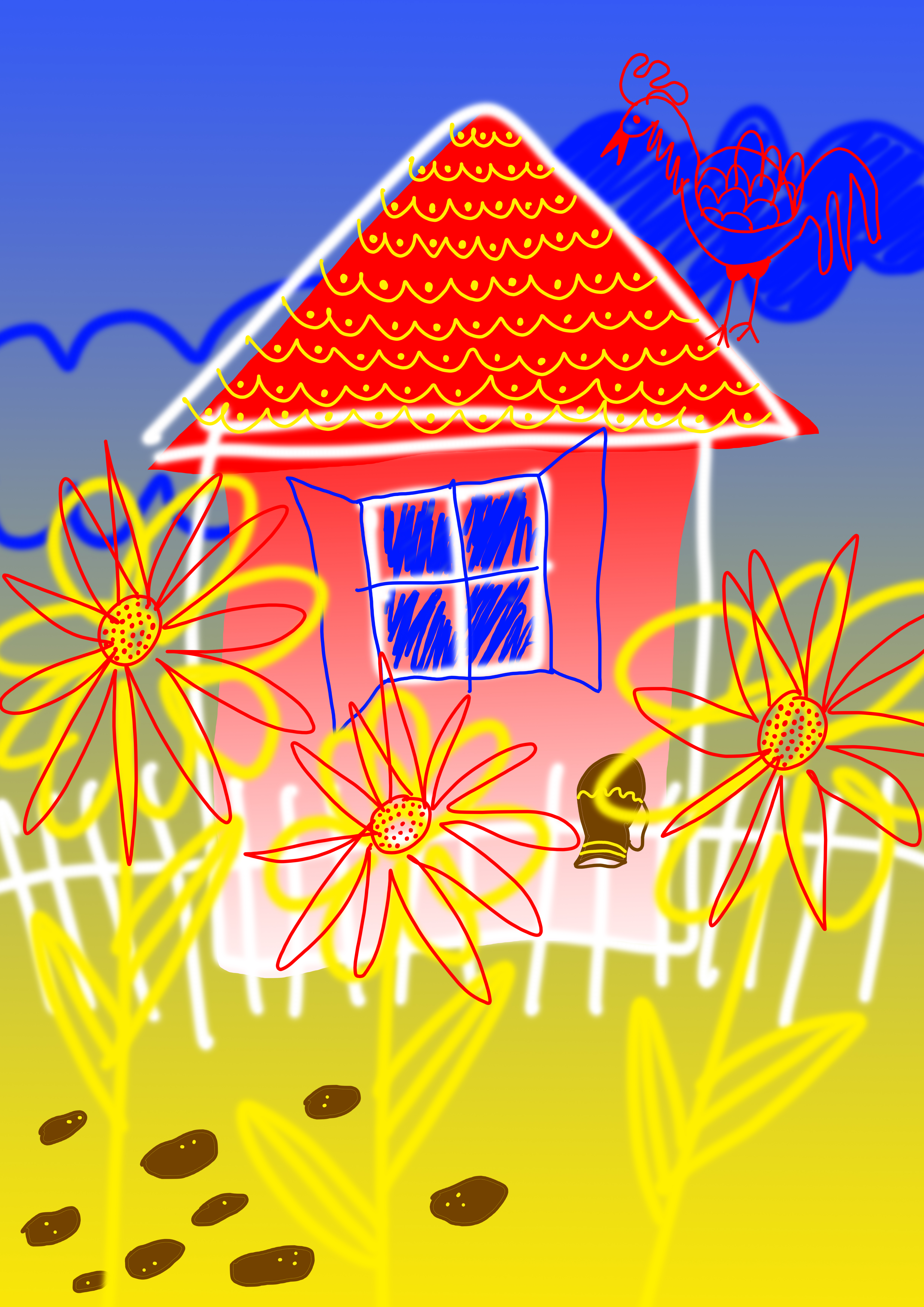 An artwork with bright red, blue and yellow colours of a house with flowers in the forefront and clouds in the background