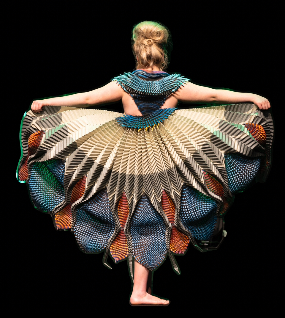 The back of a woman who is holding each end of her dress