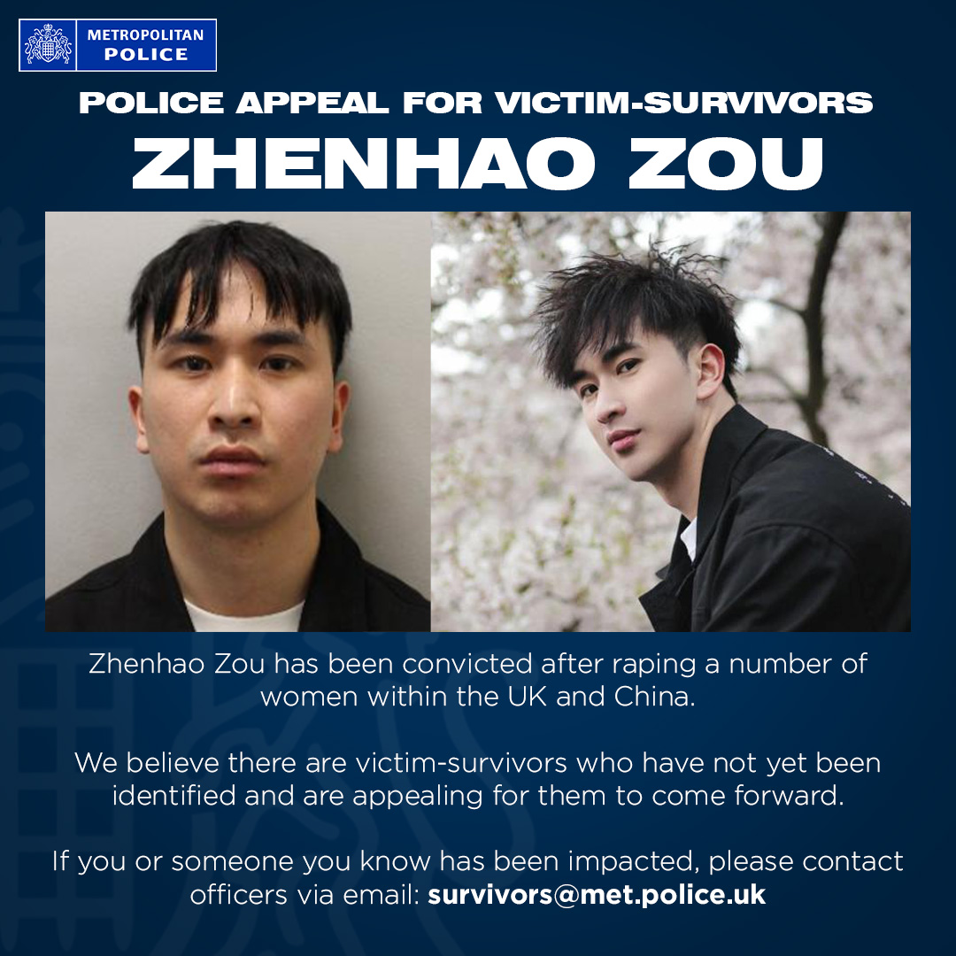 The appeal poster put out by police to trace potential victims of Zhenhao Zou.