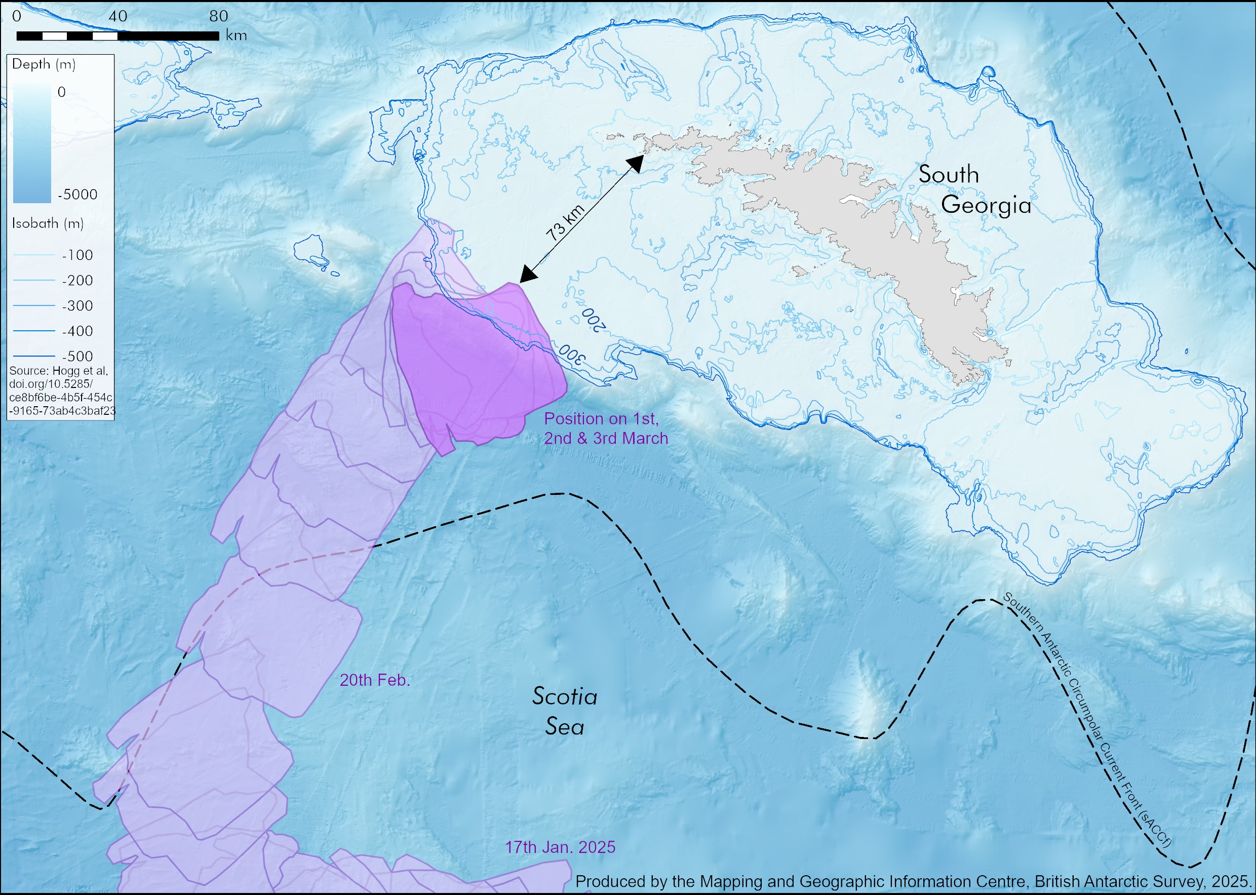 Graphic showing the path of the iceberg along and towards South Georgia and its position since March 1