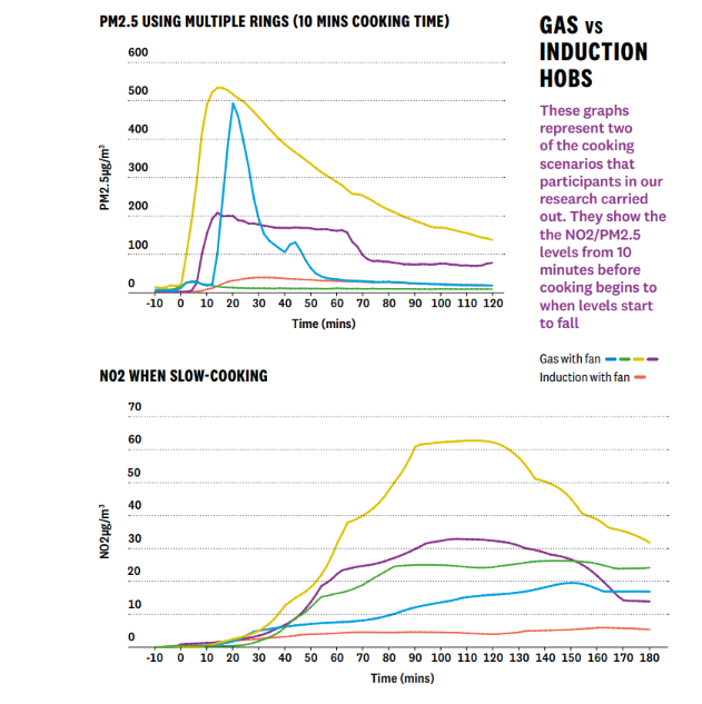 Two graphs representing pollution levels during cooking on gas or induction hobs