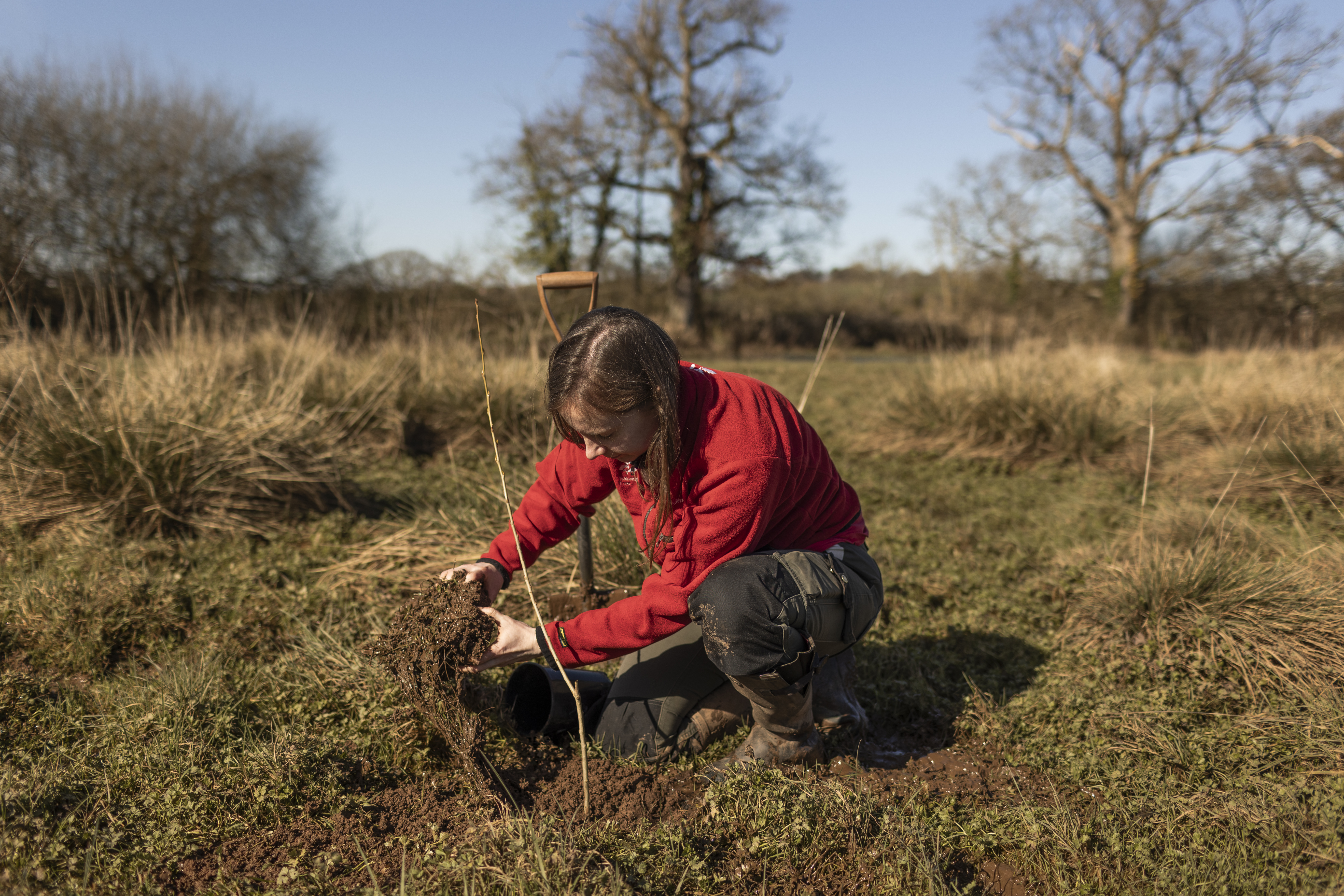 Ecologist Fi Hailstone plants black poplar trees at Killerton (National Trust/James Beck/PA)