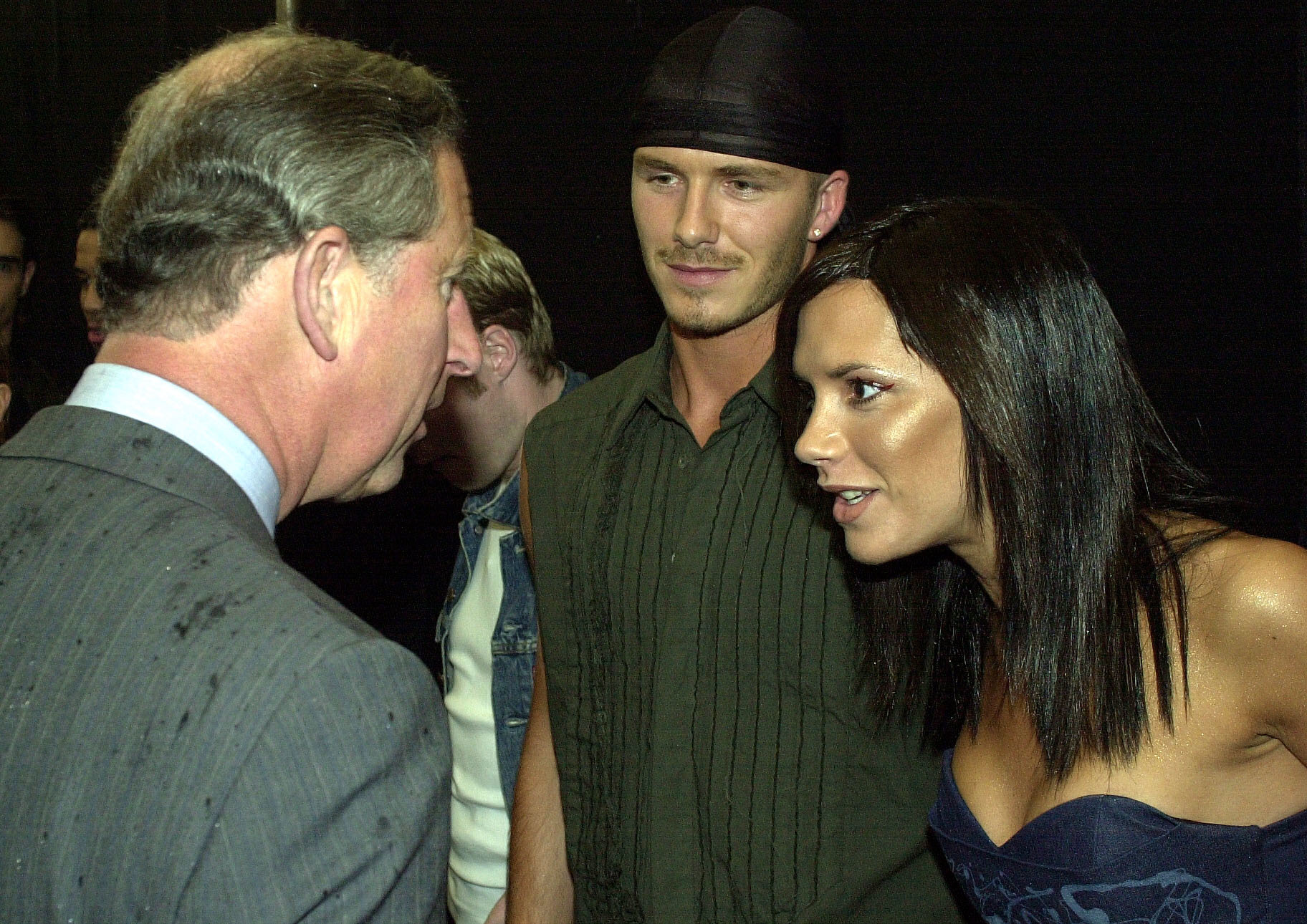 The Prince of Wales, (r) meets pop star Victoria Beckham (Posh Spice) and her footballing husband David at the Princes Trust Capital FM Party in the Park 2000, London. Victoria made her solo debut at the huge outdoor charity show. * ...in front of 100,000 music fans. She is the last of the Spice Girls to branch out with her own pop career as she joined dance act Truesteppers. In the background is pop star Ronan Keating.