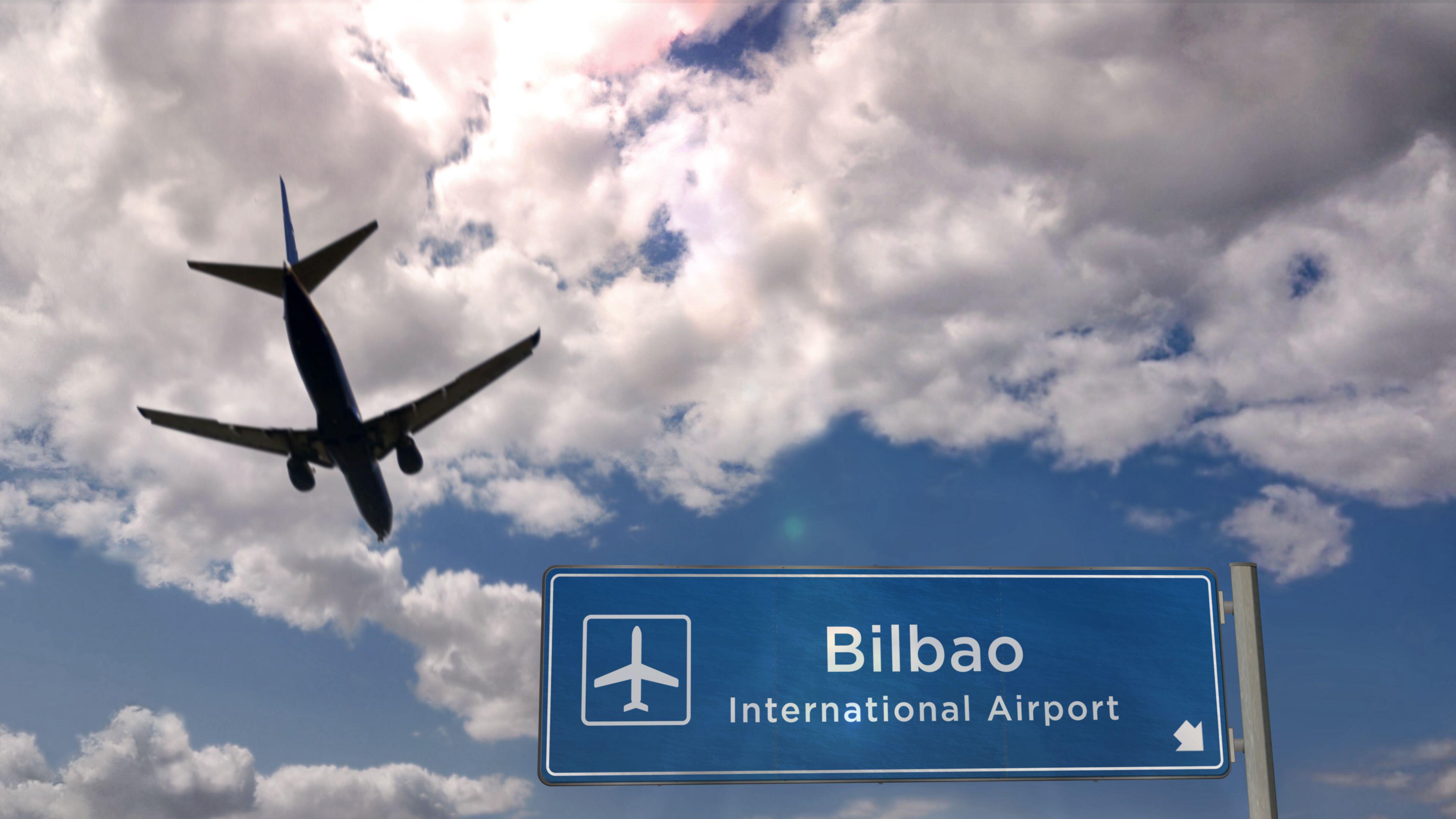 A plane landing in Bilbao, Spain