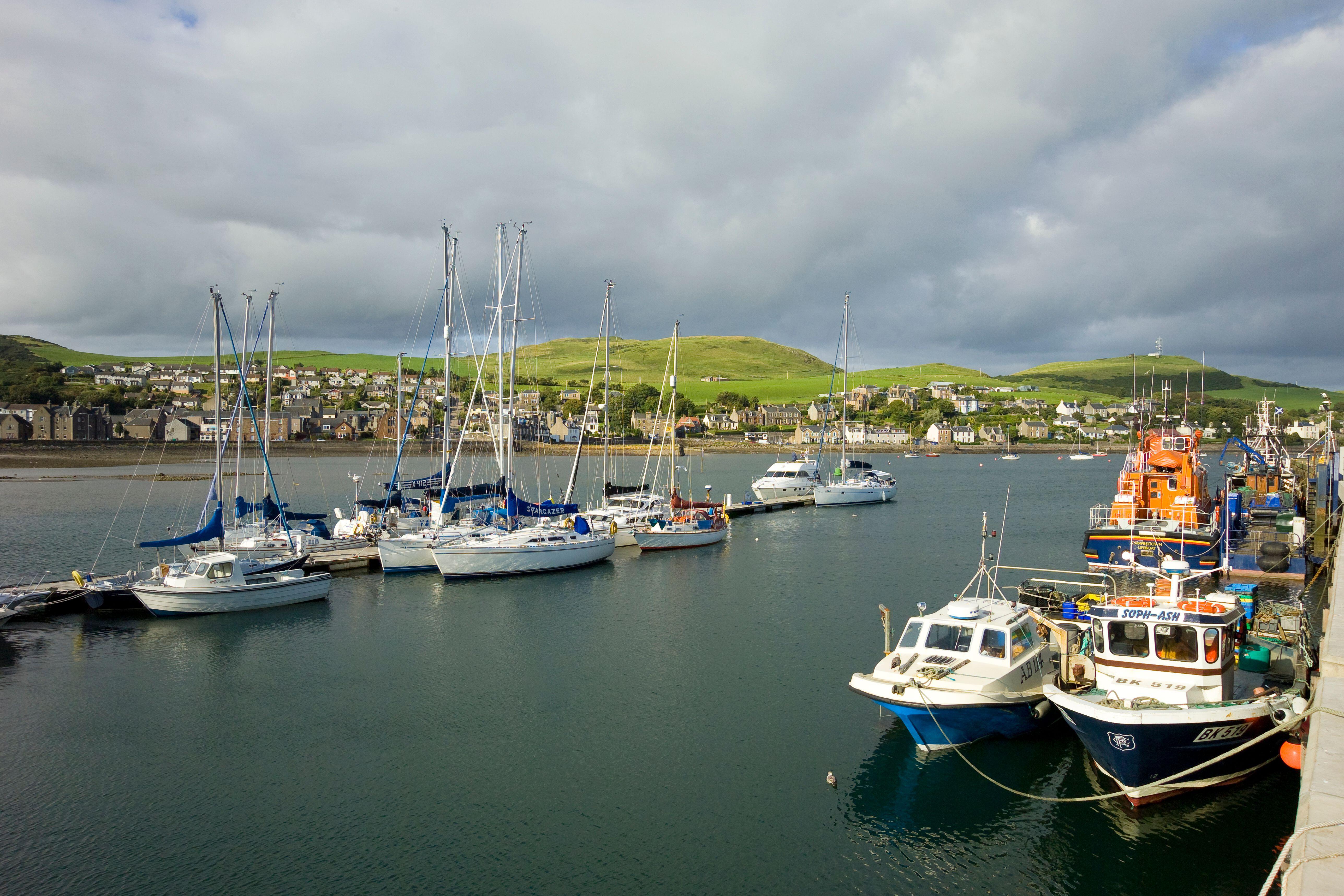 View of small boats in water, with green coastline in the background under grey skies