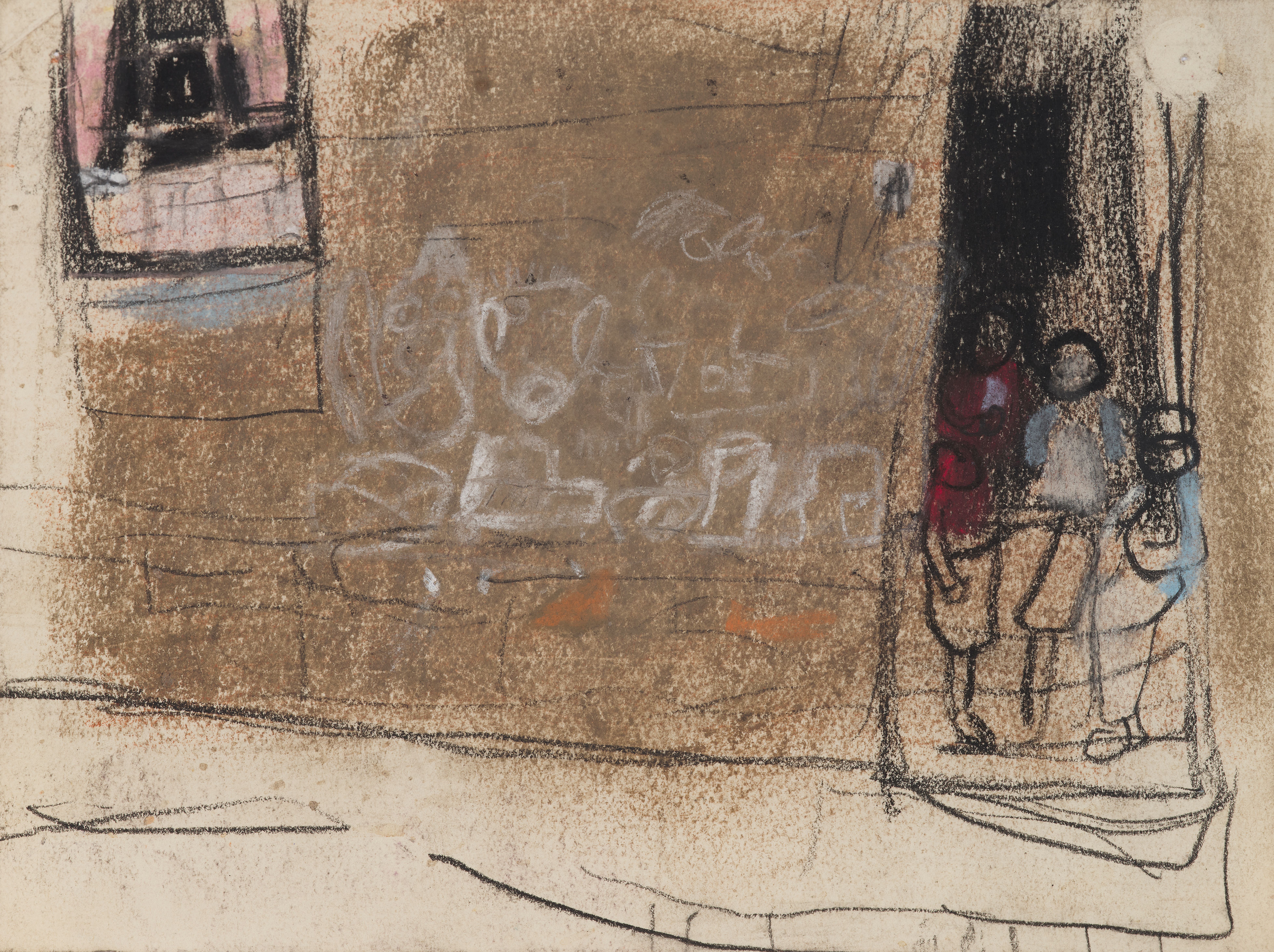 A sketch depicting children standing in a doorway