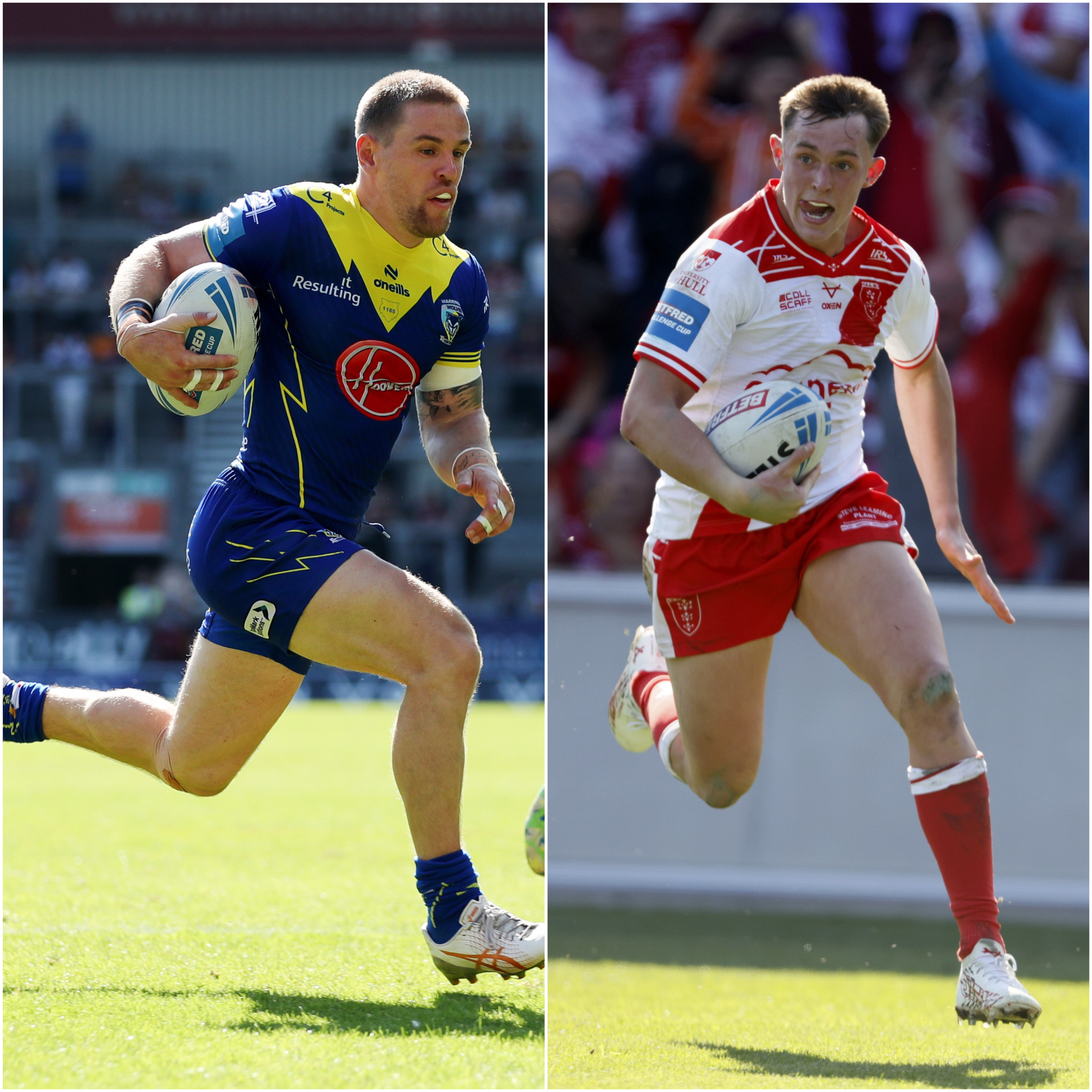 Composite image of Warrington's Matt Dufty, left, and Hull KR's Jack Broadbent running in to score tries