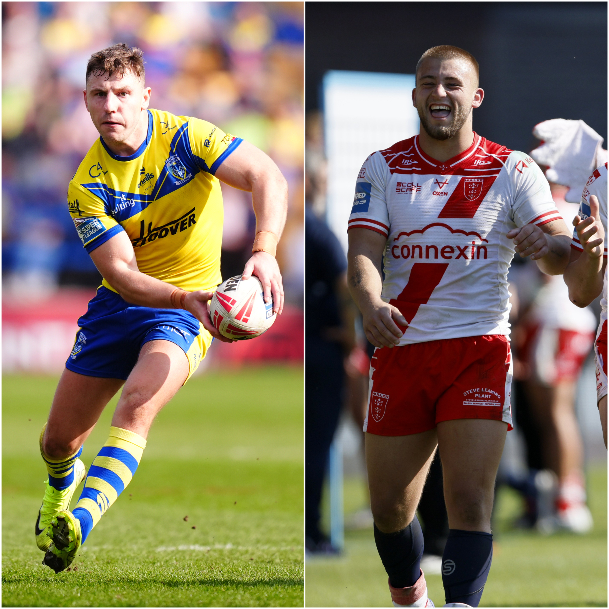 Composite image of, left, Warrington's George Williams preparing to throw a pass and, right, Hull KR's Mikey Lewis smiling after a win