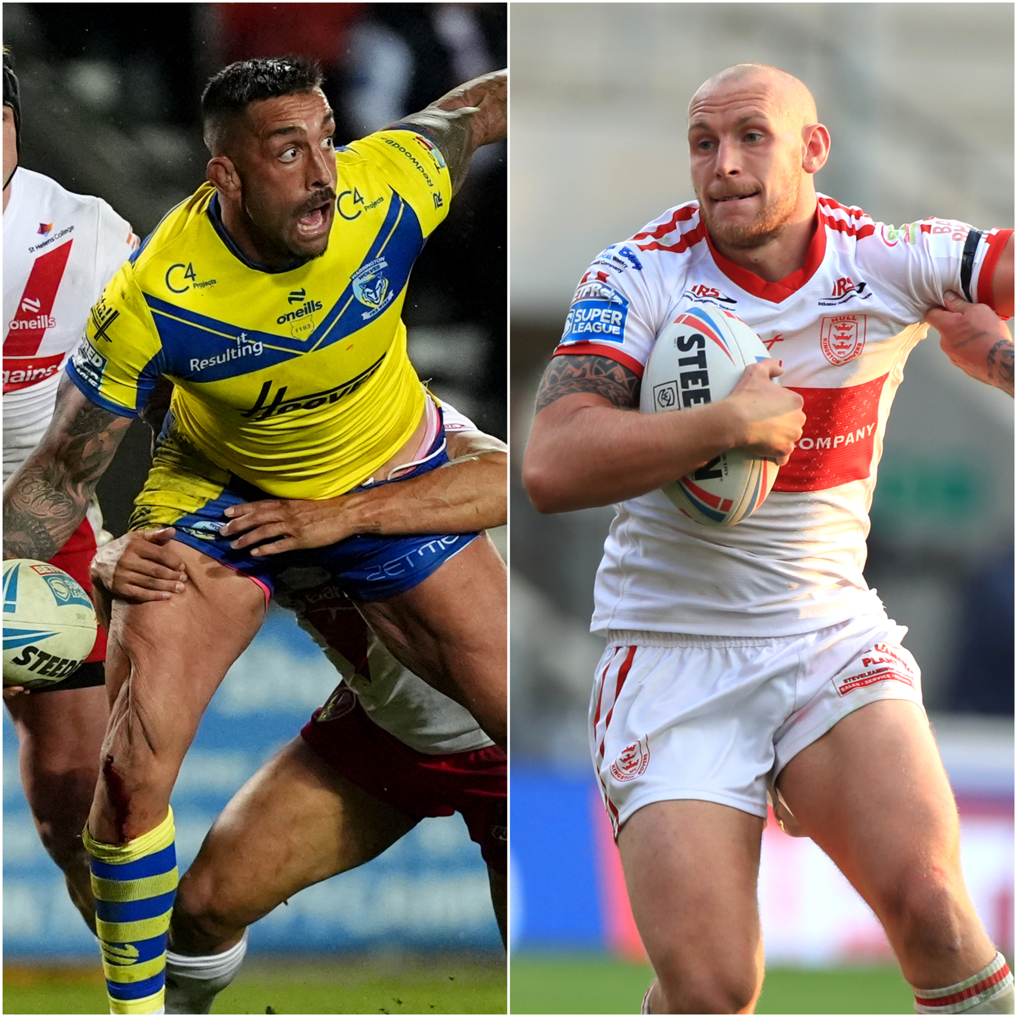 Composite image of Warrington's Paul Vaughan, left, and Hull KR's Dean Hadley breaking tackles