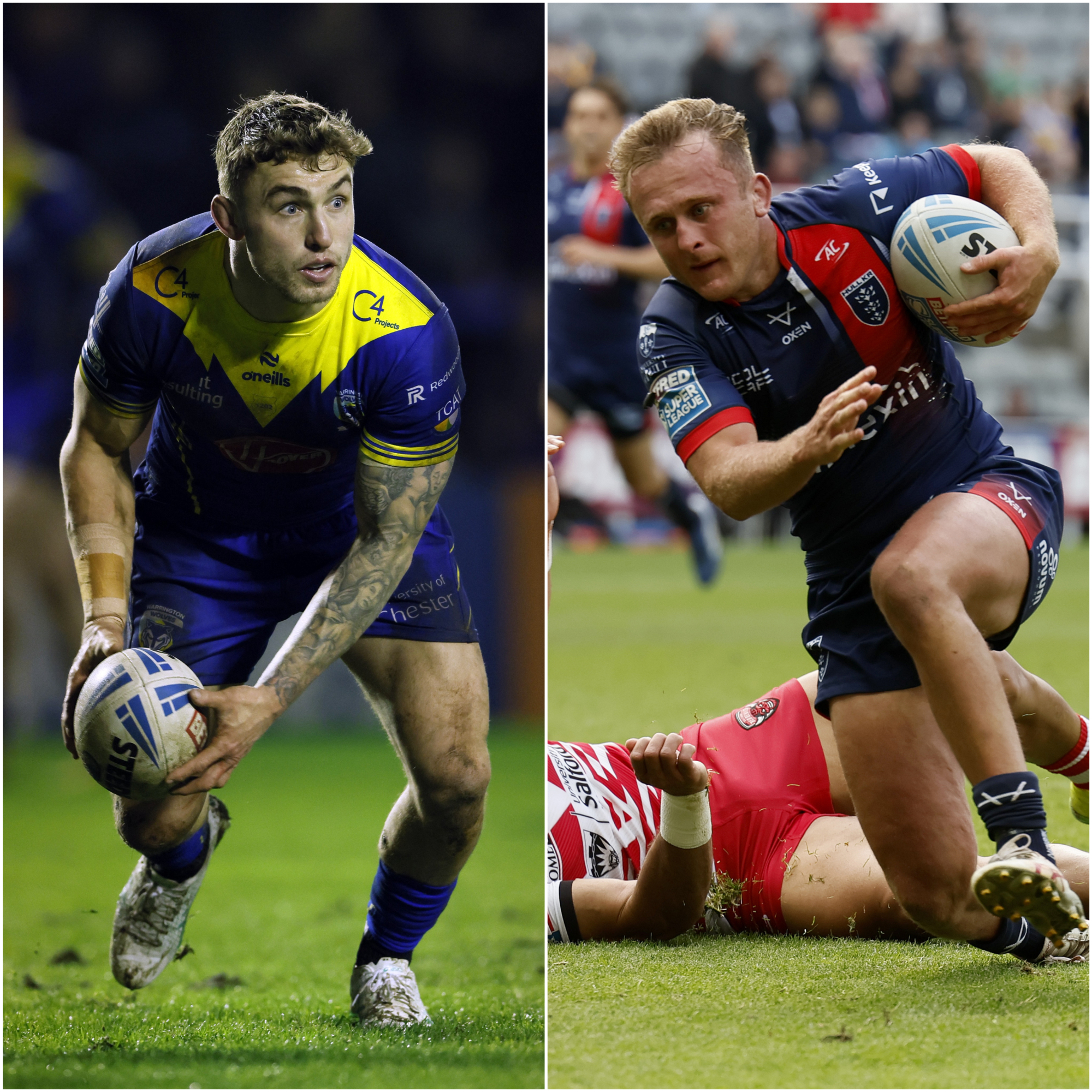 Composite image of, left, Warrington's Sam Powell preparing to throw a pass and, right, Hull KR's Jez Litten breaking away for a try