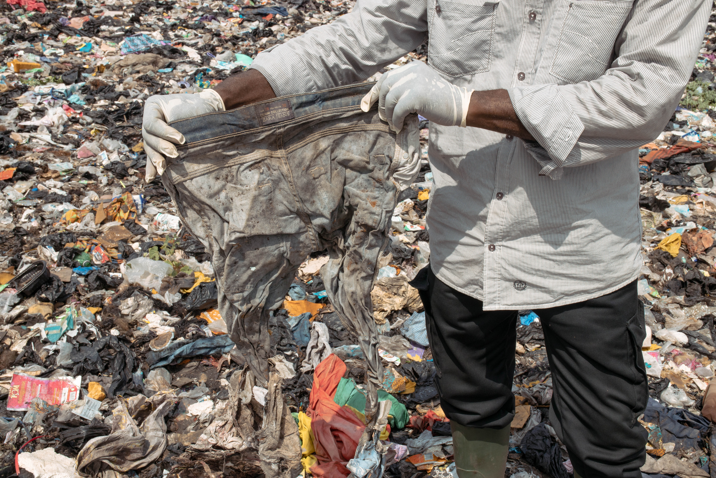 Zara jeans, found in the Weija Ashbread landfill in Ghana