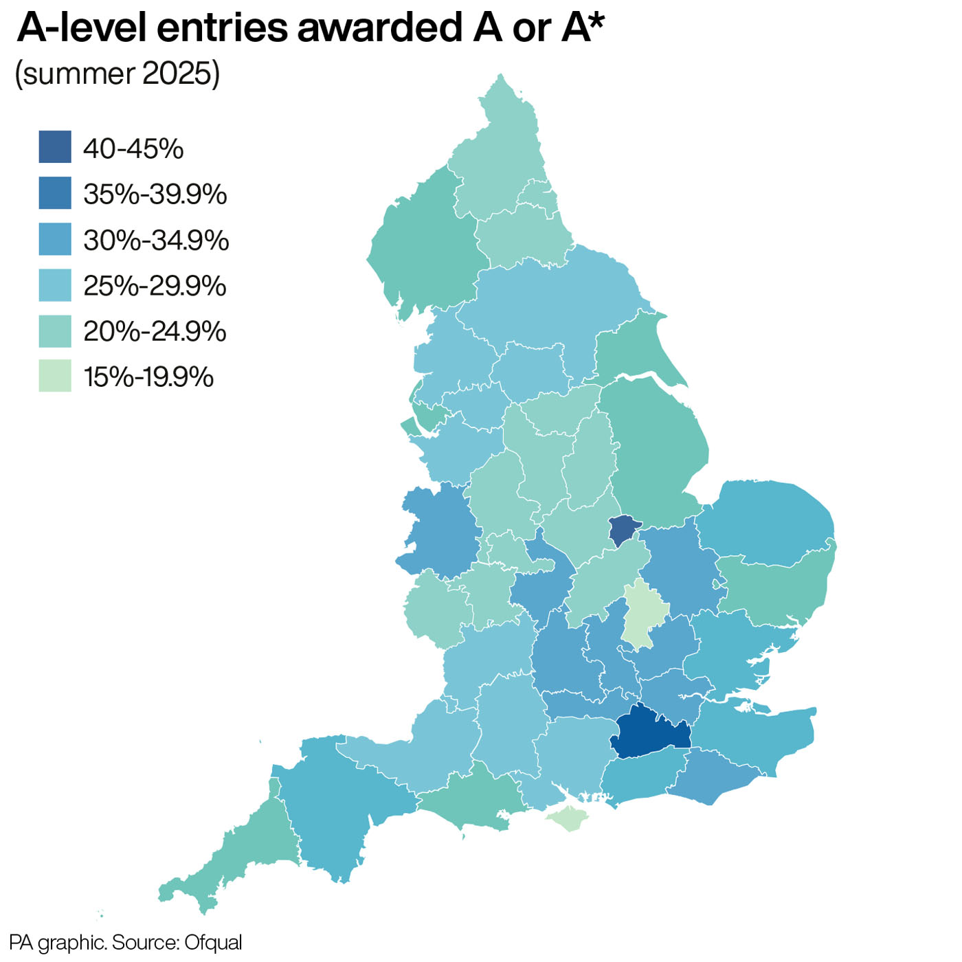 A map showing the proportion of A-level entries awarded A or A*, by county 