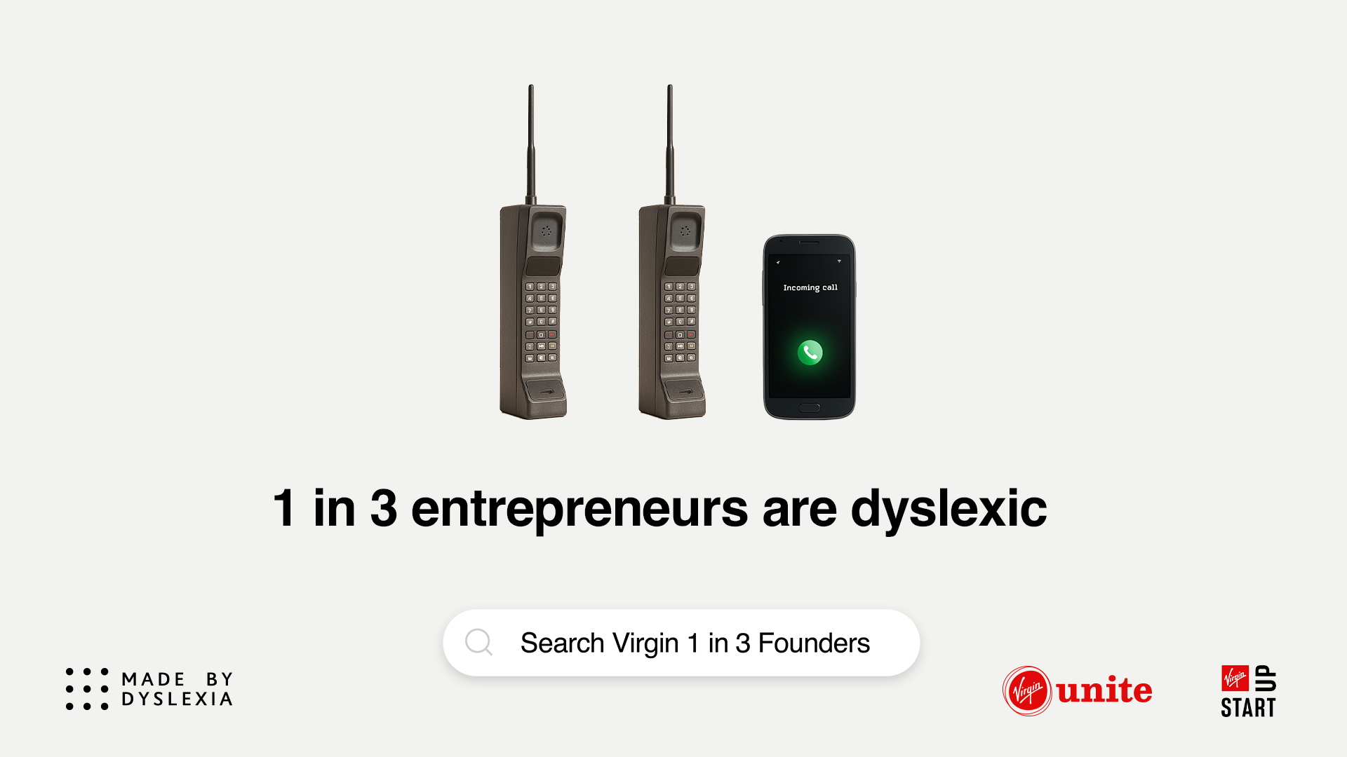 A campaign advert displaying two large, old fashioned mobile phones and one modern-looking smartphone above the words '1 in 3 entrepreneurs are dyslexic'
