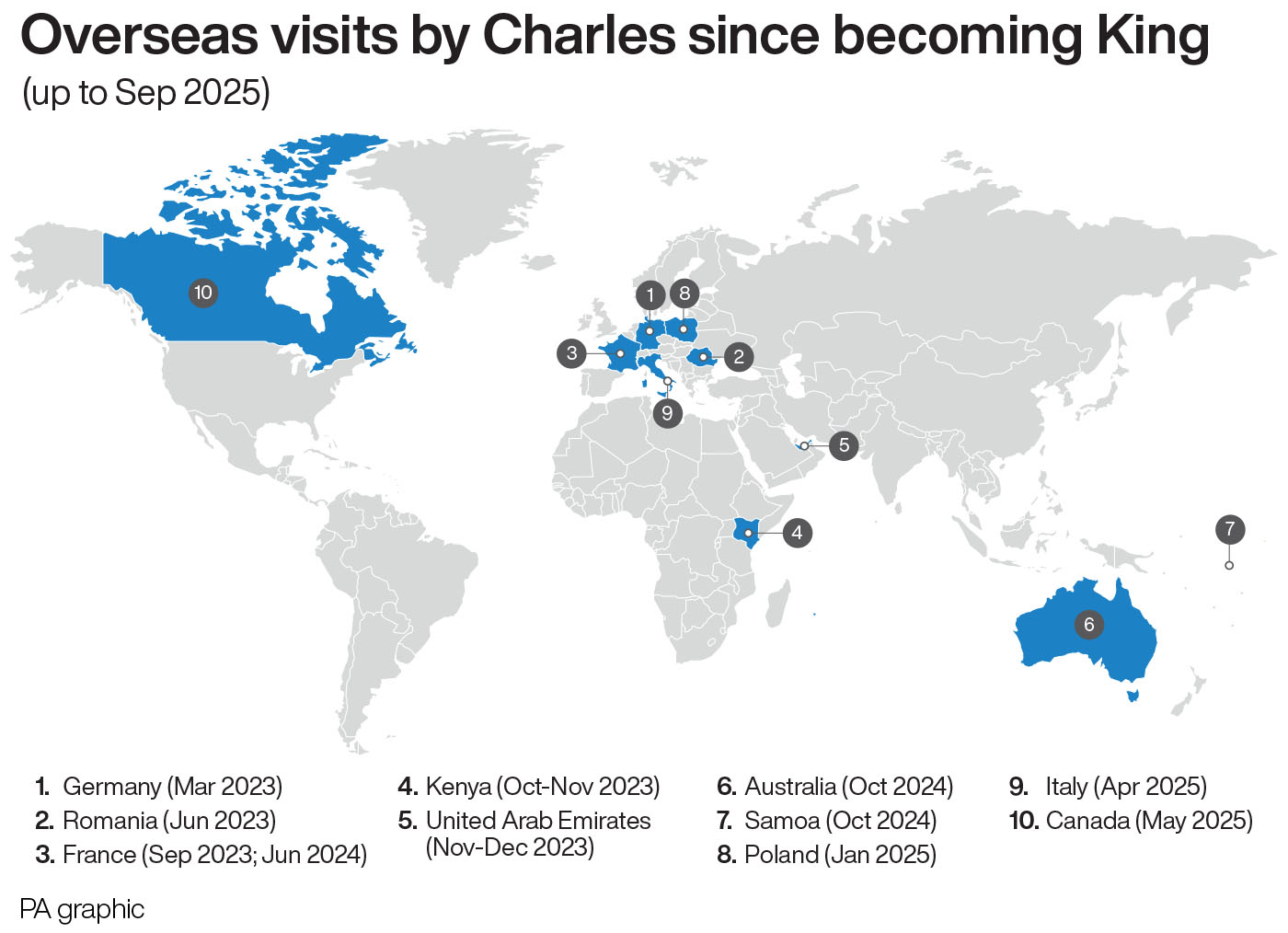 Overseas visits by Charles since becoming King