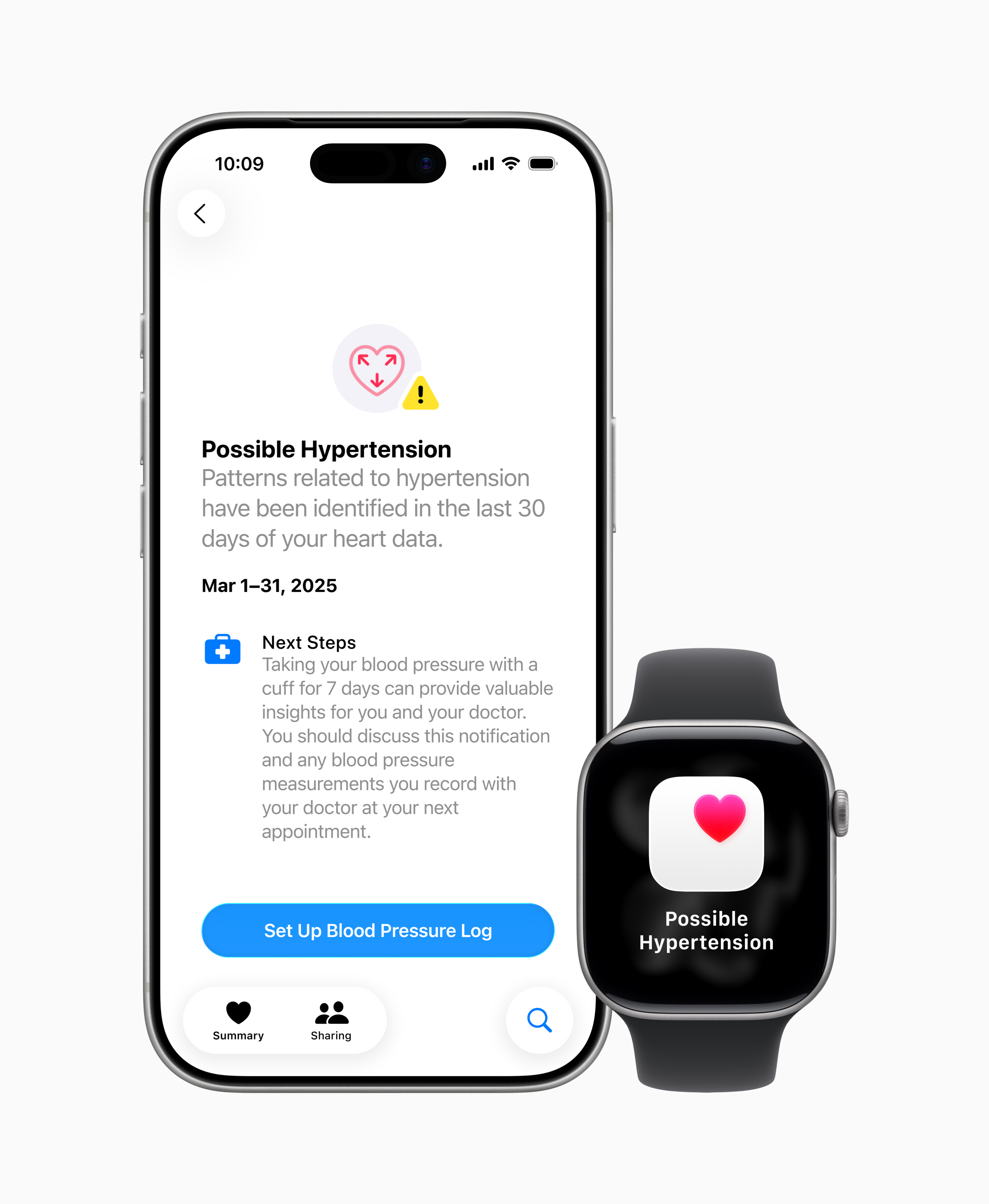 Apple Watch and phone with notification about high blood pressure