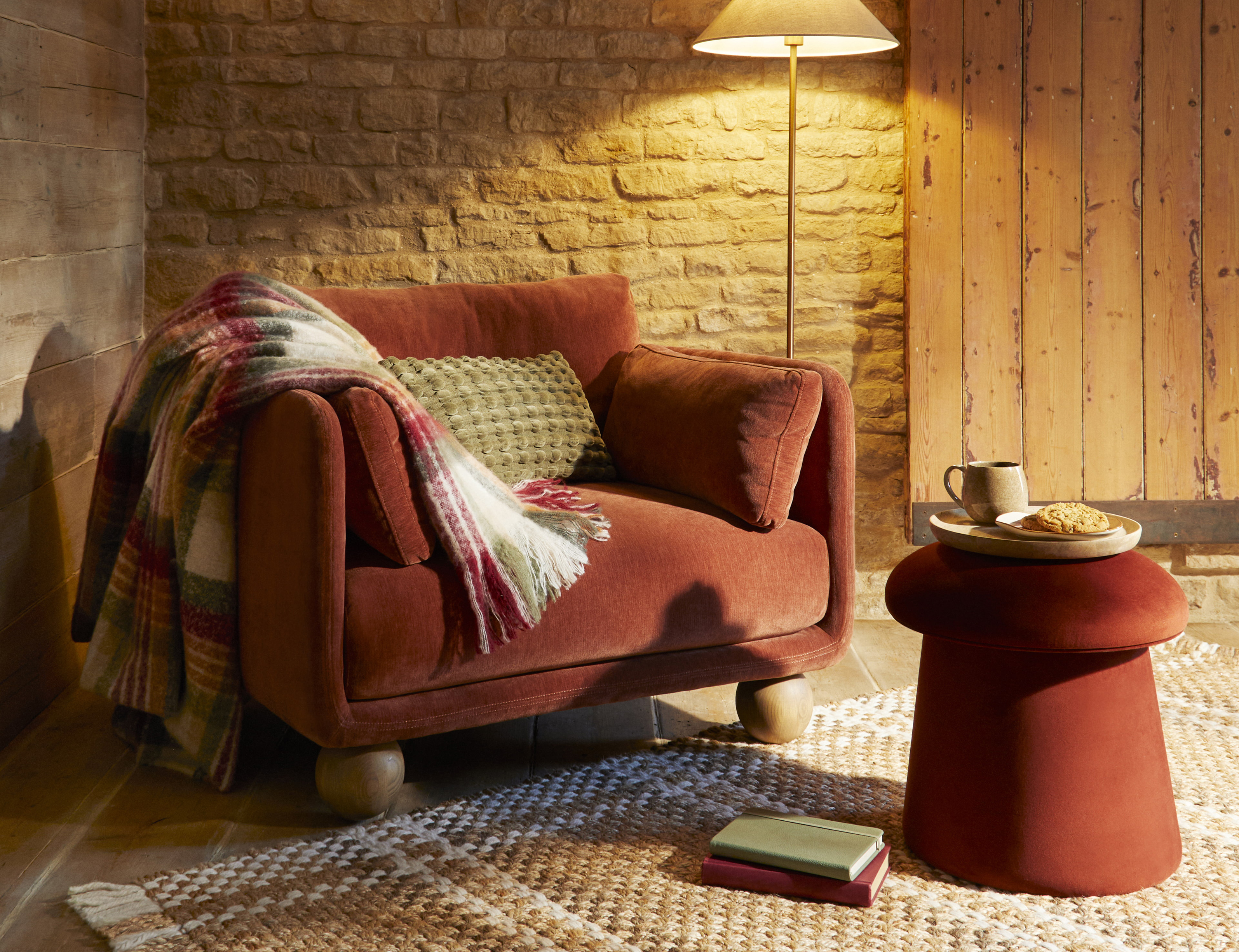 Armitage Chenille Snuggle Chair with Ball Feet in Terracotta; Mushroom Velvet Storage Footstool in Orange Umber; rest of items from a selection, Dunelm