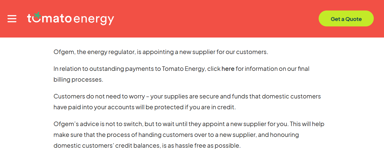 Screen shot of Tomato Energy's website