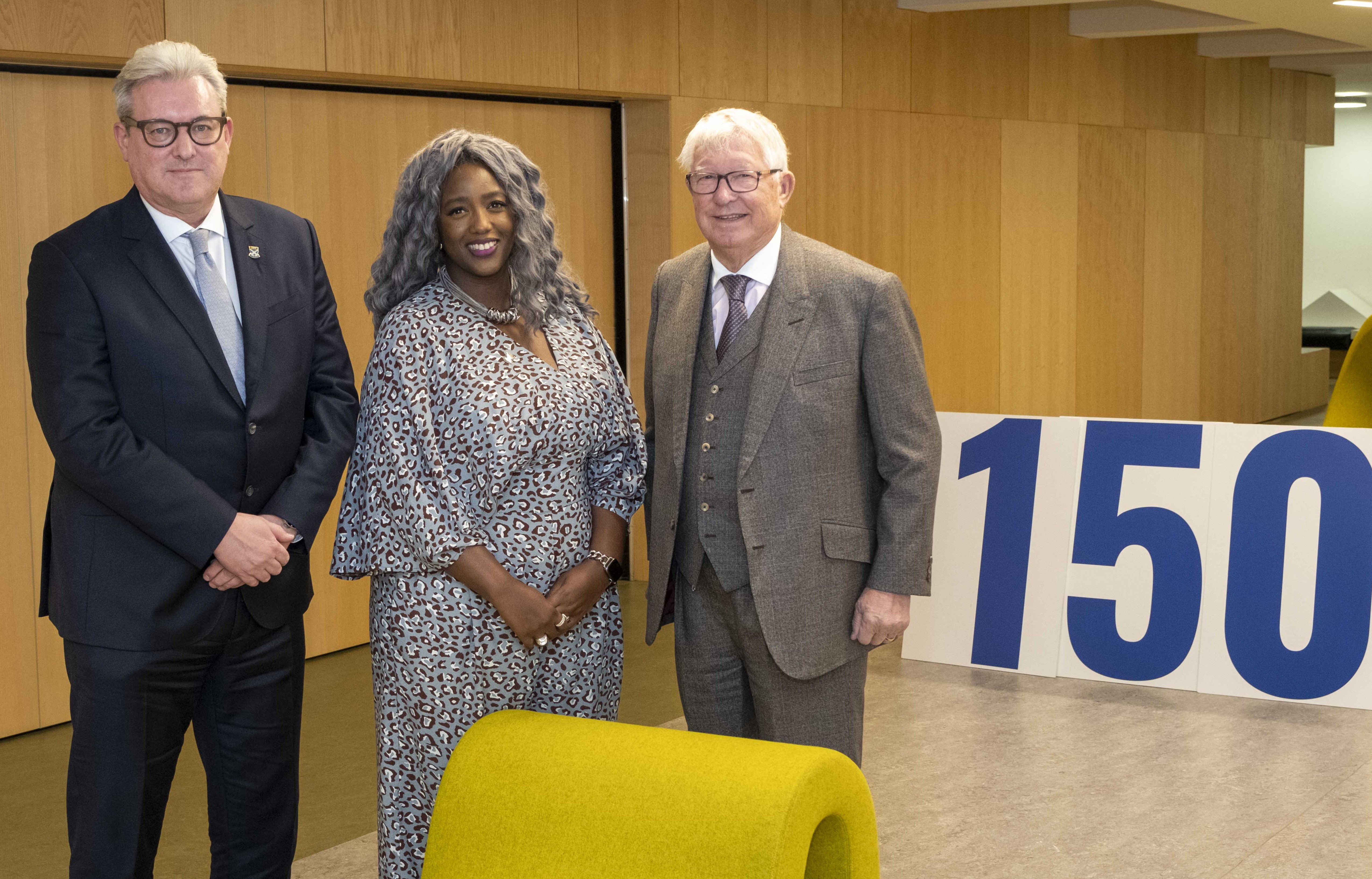 Dr Murray Rowden, GCU chancellor Dr Anne-Marie Imafidon MBE and Sir Alex Ferguson