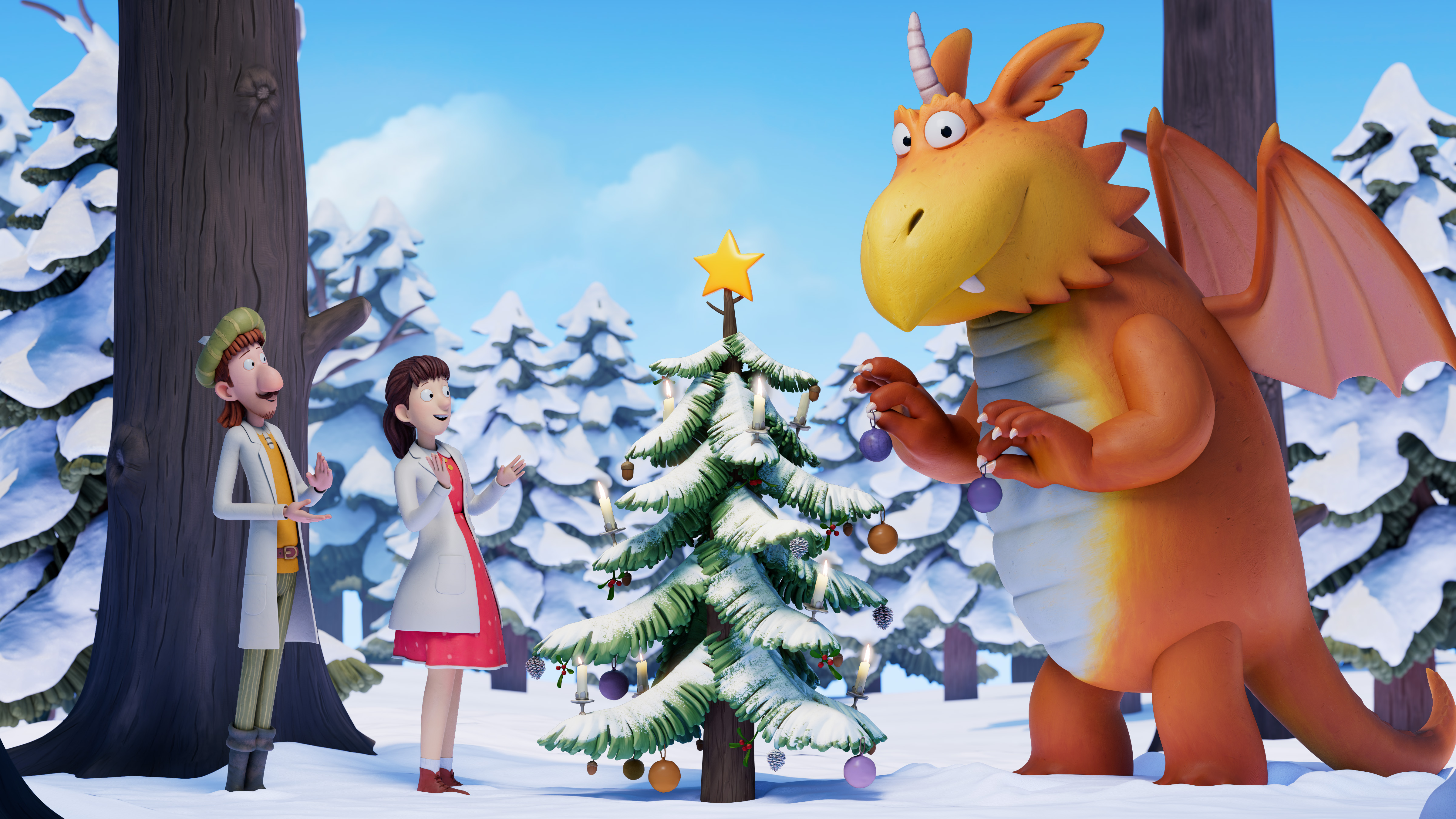 Zog, Pearl and Gadabout from Zog and the Flying Doctors in a new BBC Christmas 2025 ident 