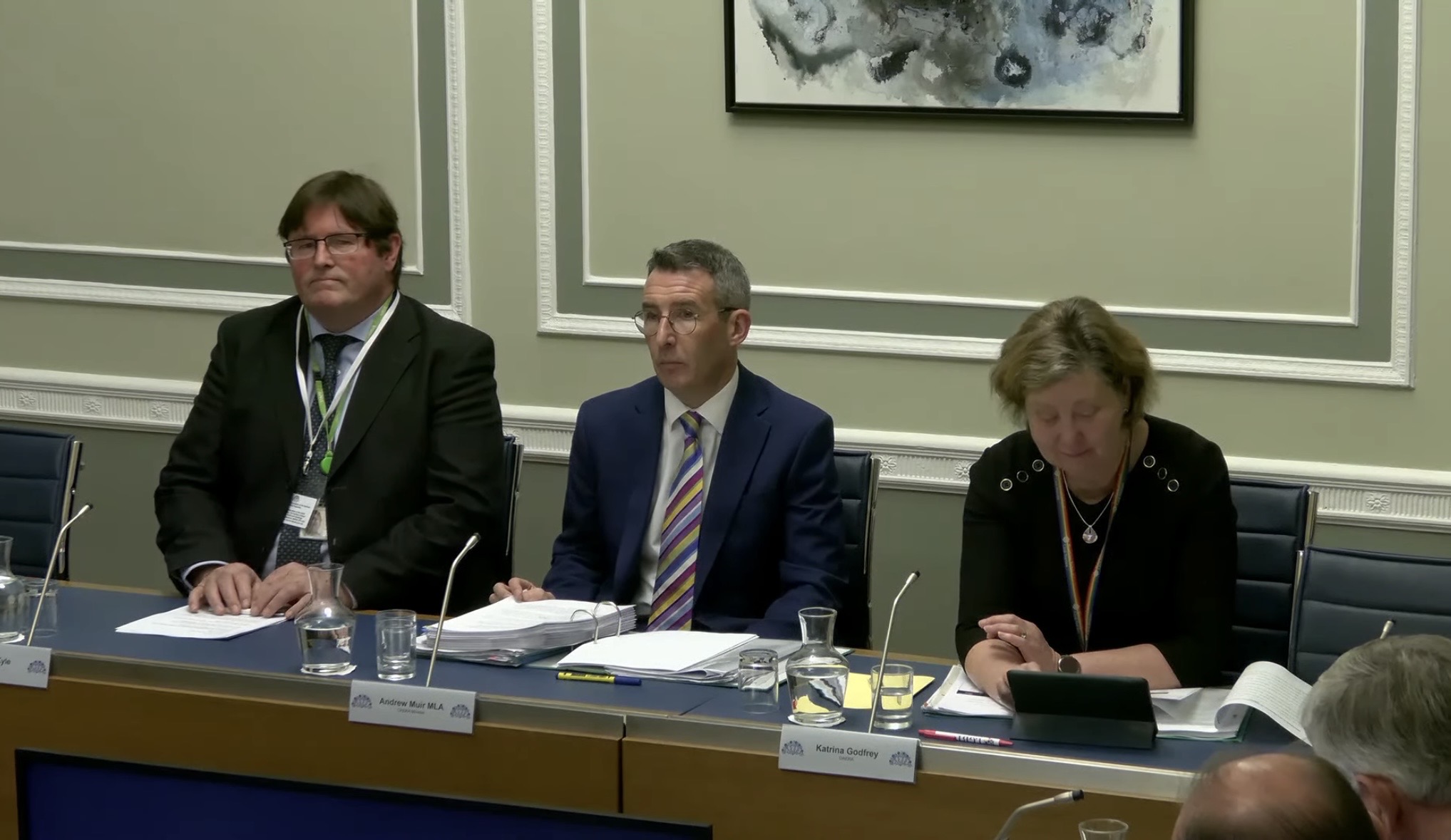 Daera deputy chief veterinary officer David Kyle, Daera minister Andrew Muir and Katrina Godfrey give evidence to the Stormont Agriculture, Environment and Rural Affairs Committee