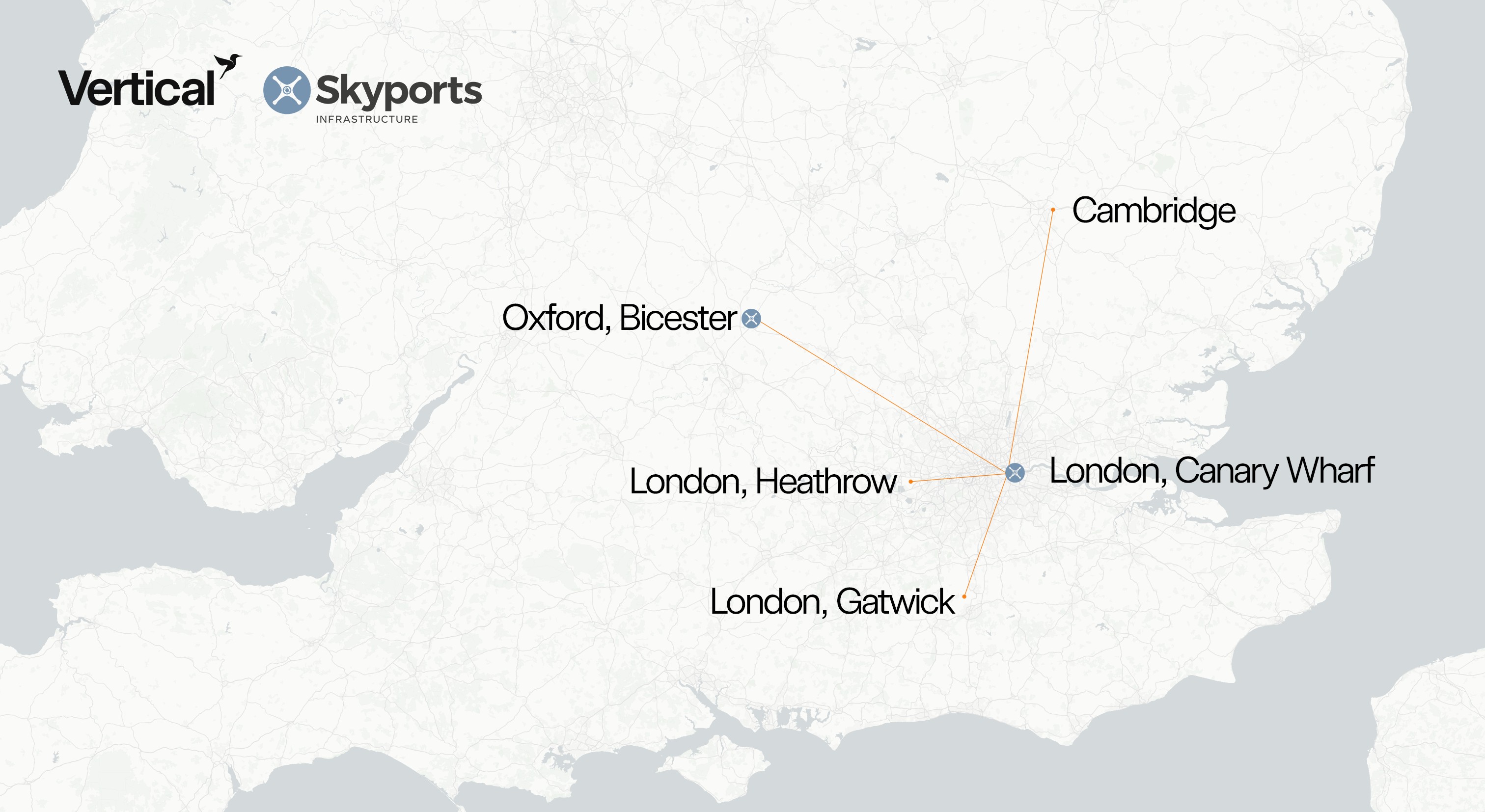 Map showing the locations of Heathrow and Gatwick airports in relation to Oxford, Cambridge and London