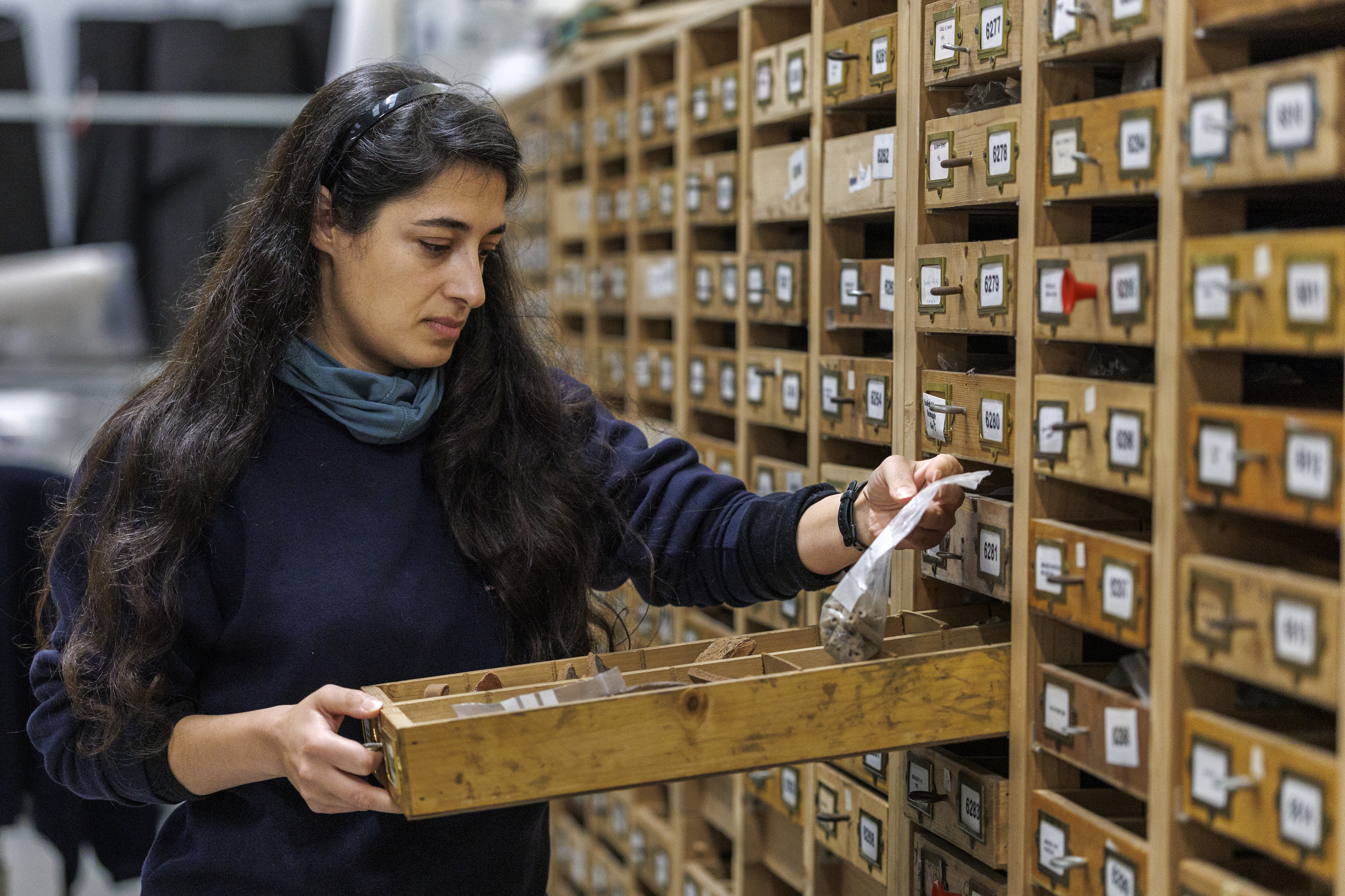 Woman examining artefacts in a wooden drawer