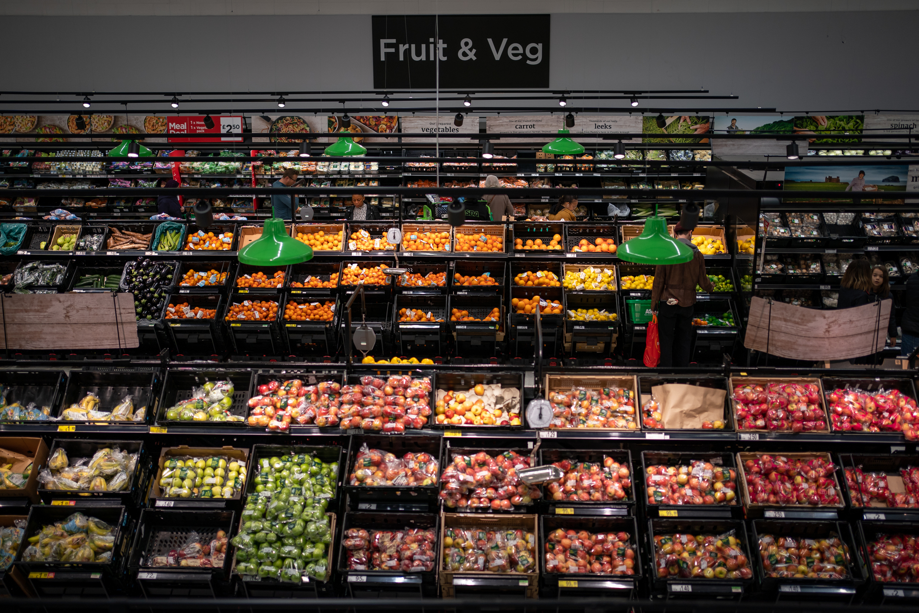 View of fruit and veg aisle in an Asda