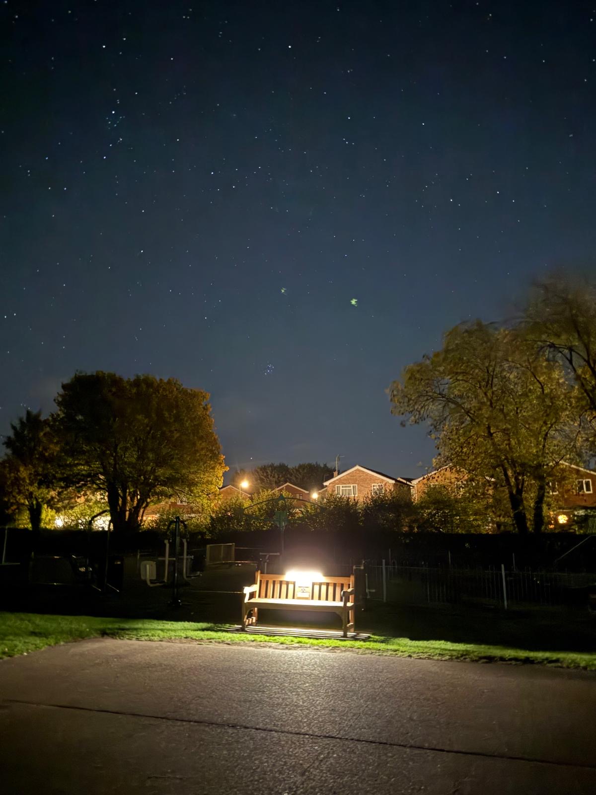A bench lit up, which is in a park