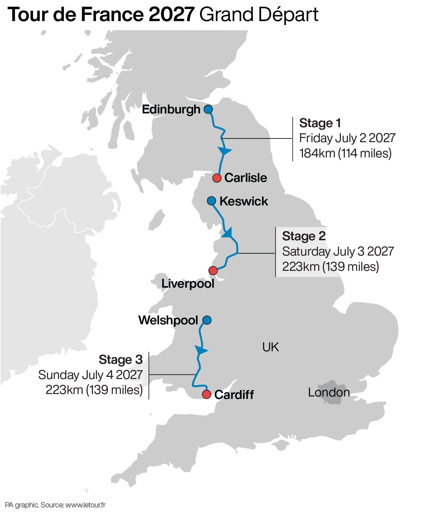 Map of the UK showing the Tour de France Grand Depart route