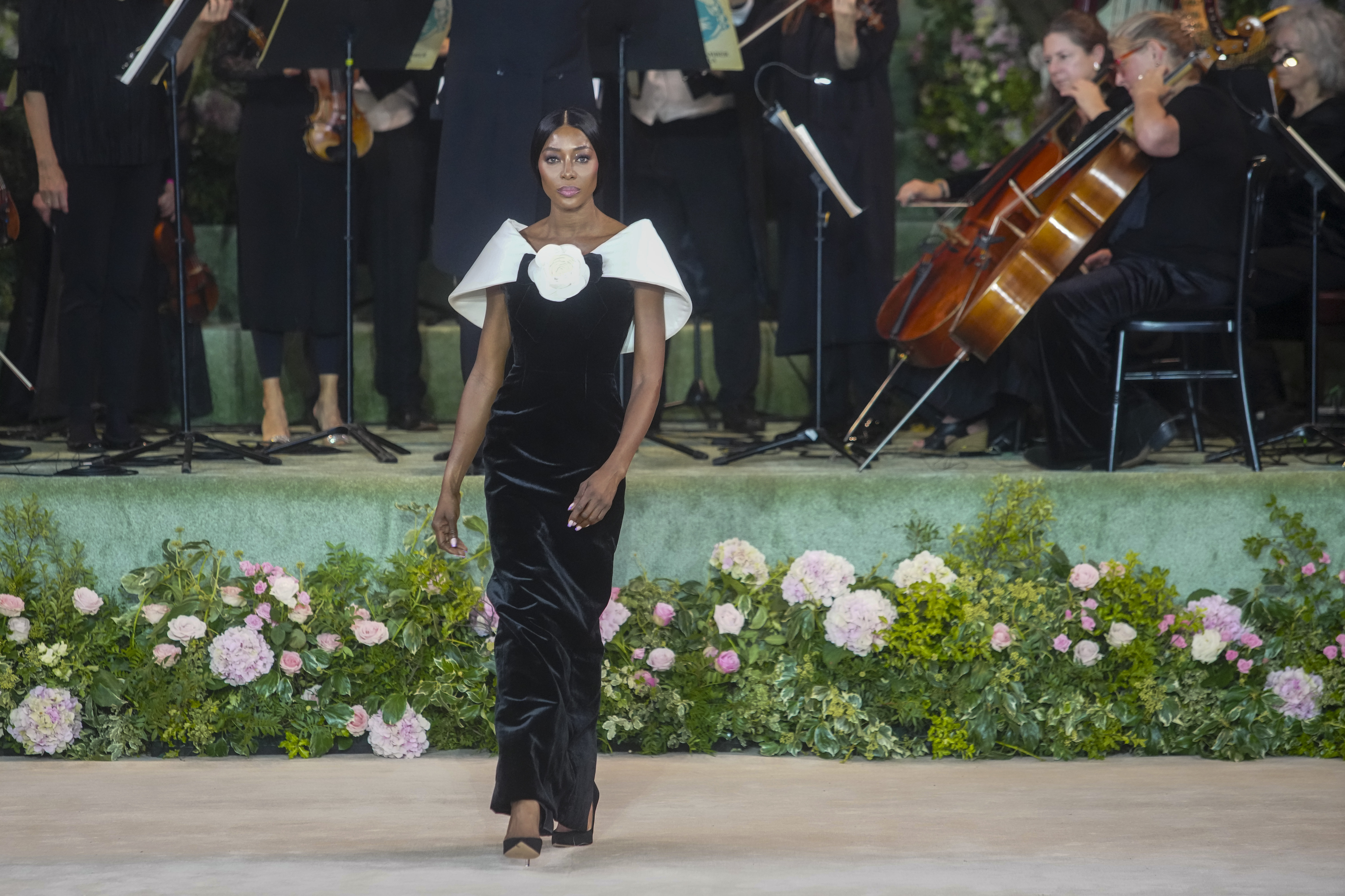 Naomi Campbell on the catwalk at the Richard Quinn show at Smith Square Hall, London, during London Fashion Week. Picture date: Saturday September 20, 2025.