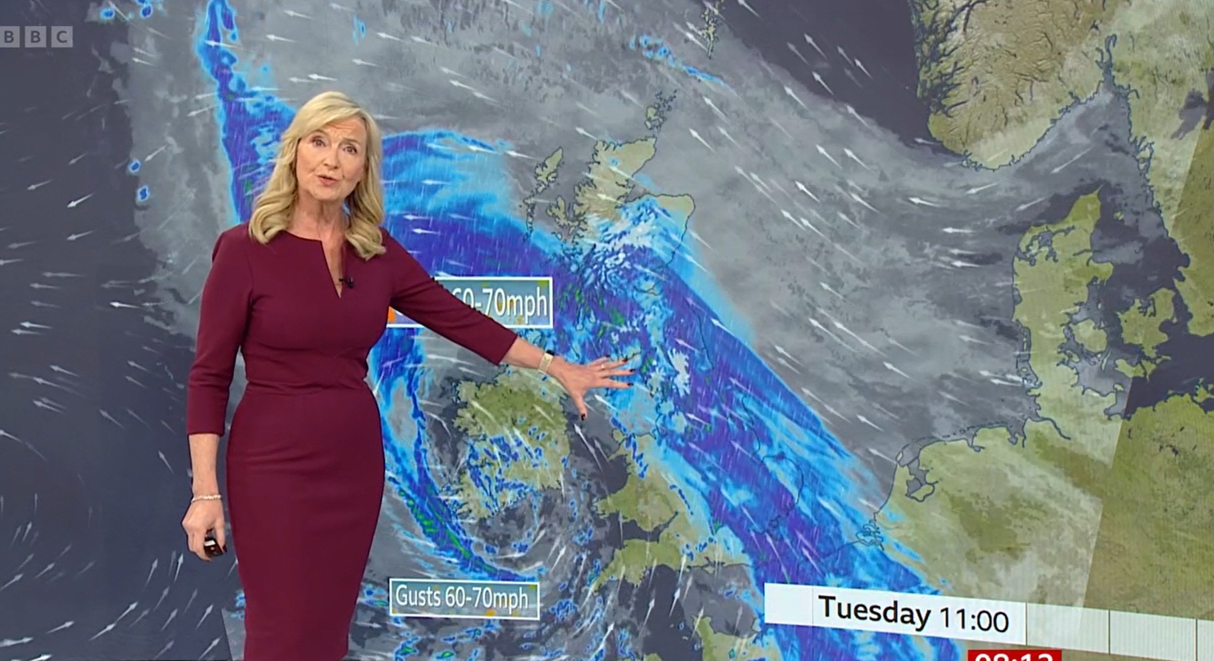 Carol Kirkwood presenting the weather on BBC Breakfast on Tuesday morning