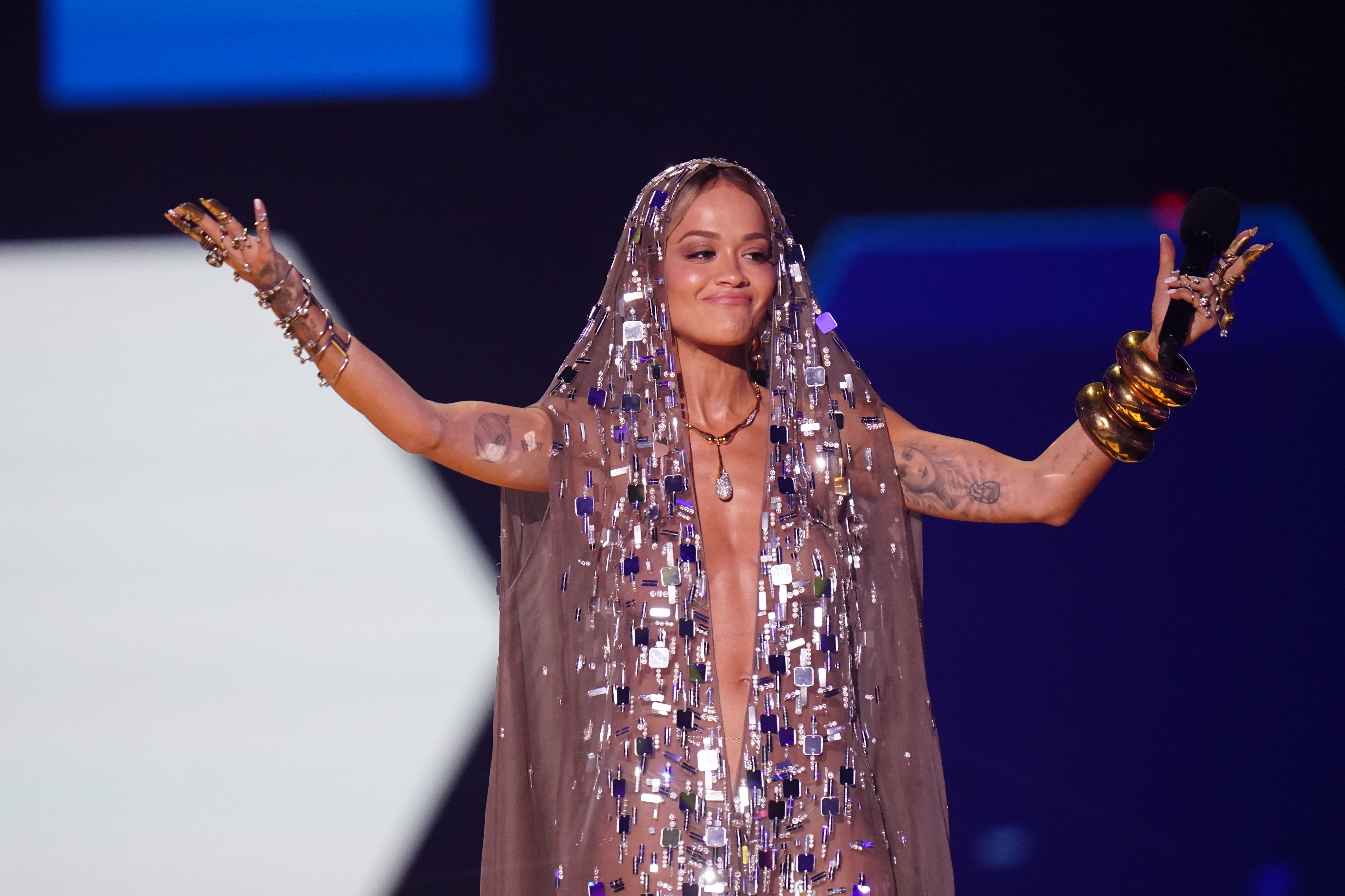 Host Rita Ora on stage at the MTV Europe Music Awards 2024 at the Co-Op Live Arena, Manchester. Picture date: Sunday November 10, 2024.