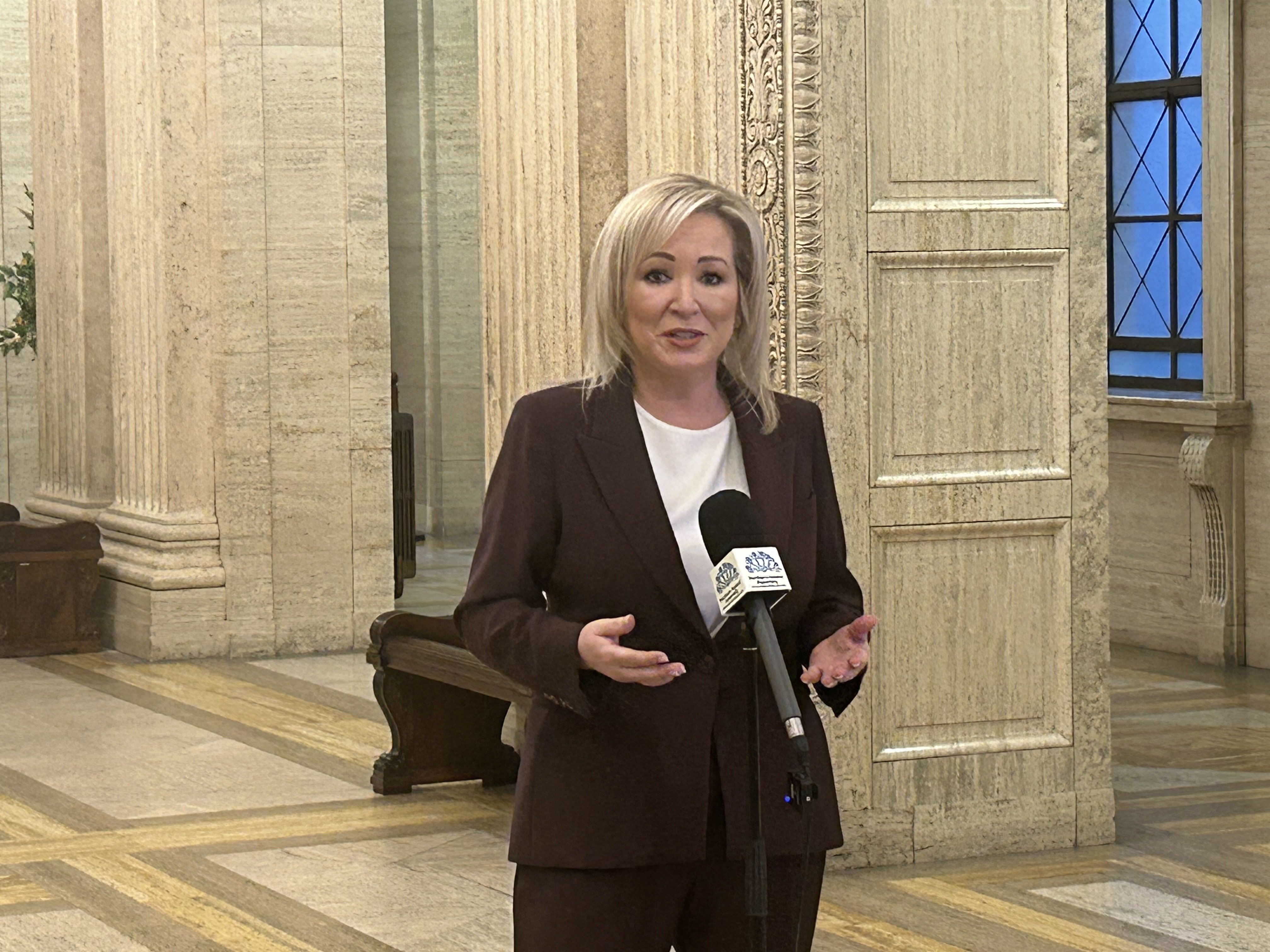 Michelle O'Neill speaks to media in Parliament Buildings.