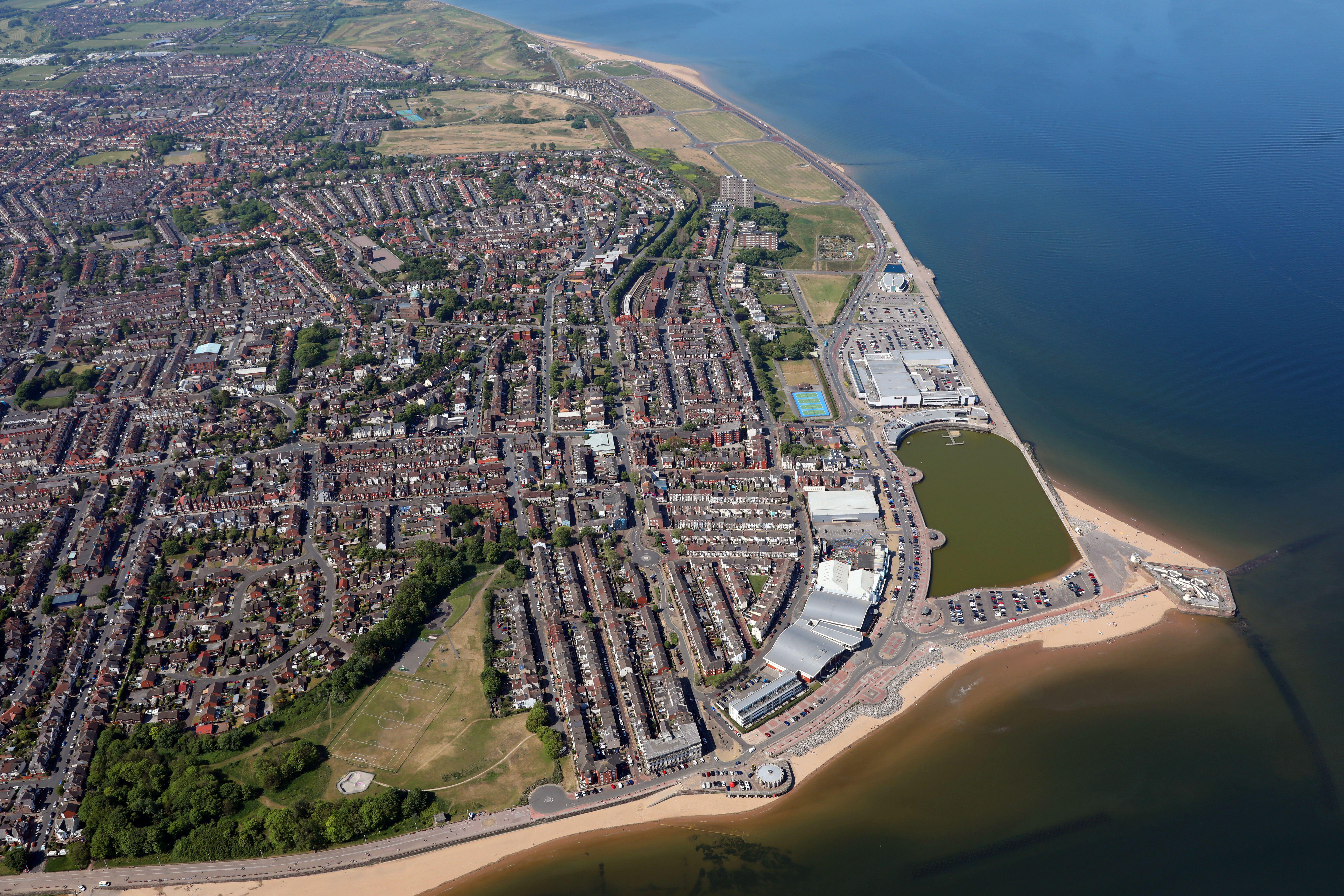 Aerial view of New Brighton, a seaside resort and suburb of Wallasey, in the Metropolitan Borough of Wirral in Merseyside