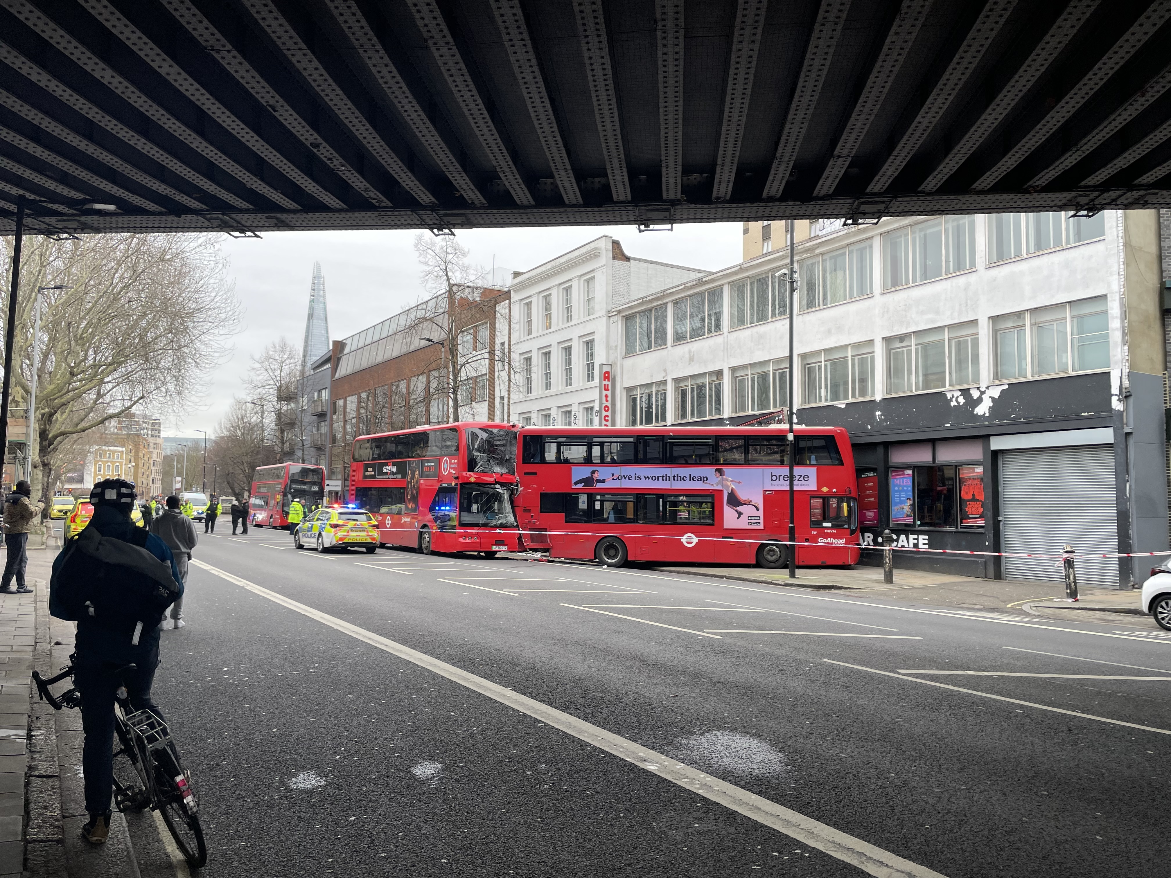 Scene of crash between two London double-decker buses