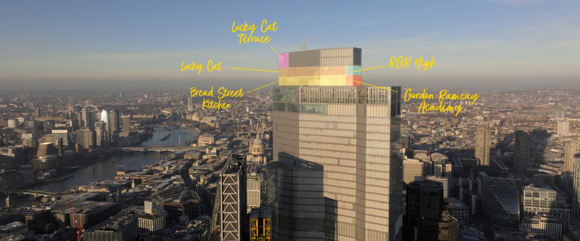 Aerial view of London’s 22 Bishopsgate with labels showing where each of Gordon Ramsay's new business ventures will be located