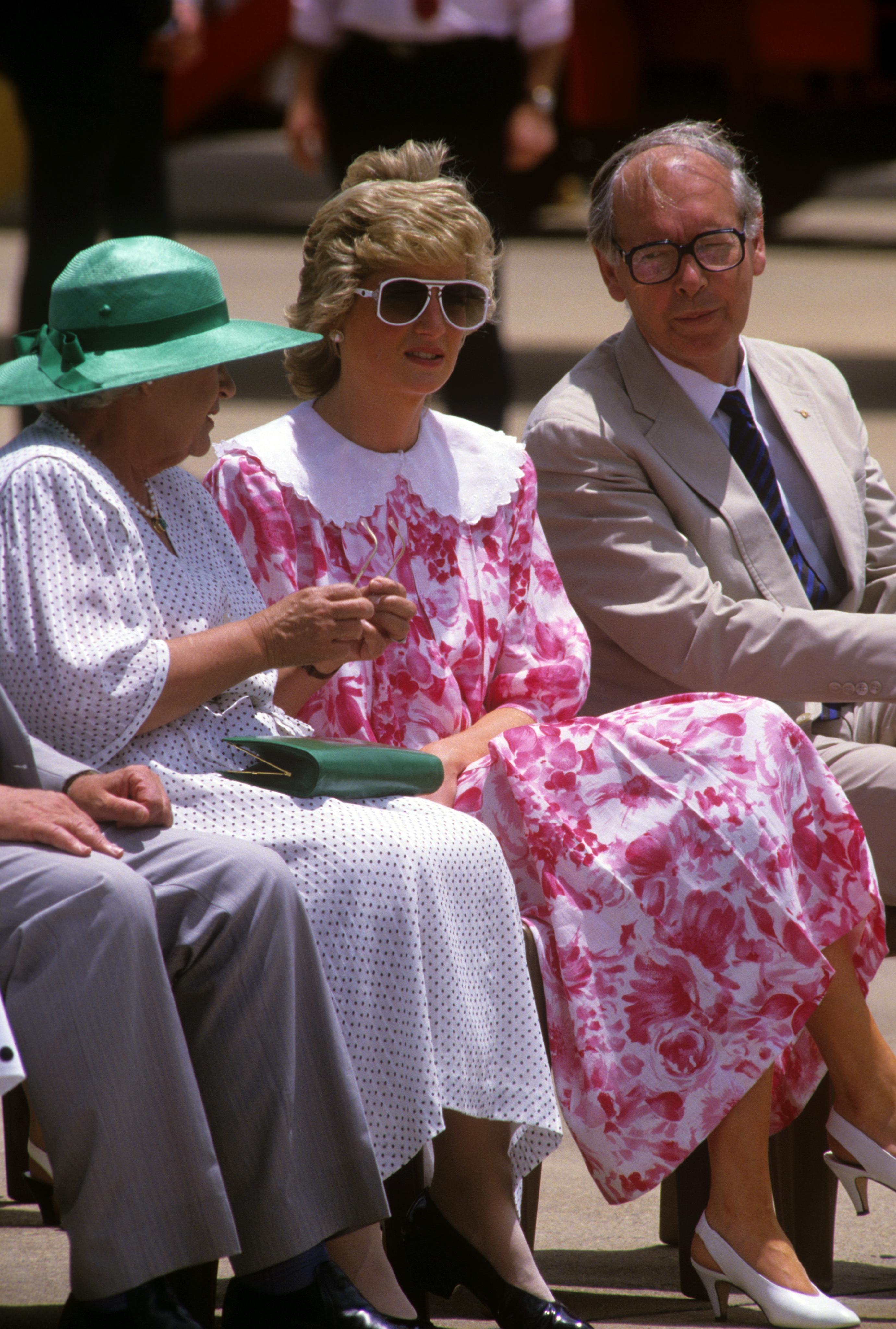 The Princess of Wales watching the Prince of Wales inspect the guard at Darwin Airport.