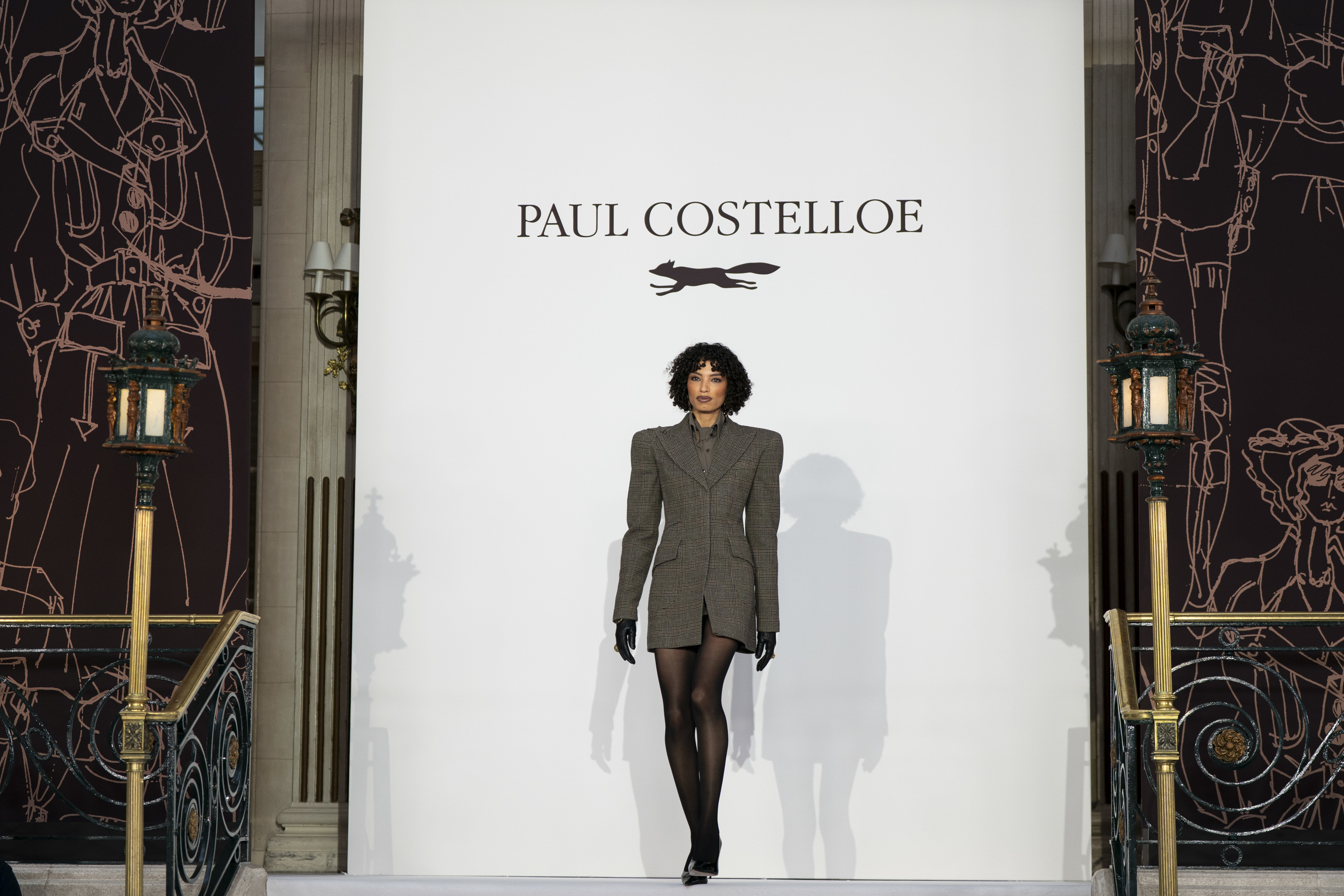 A model on the catwalk at the Paul Costelloe show in the Palm Court at The Waldorf Aldwych, central London, during London Fashion Week. Picture date: Thursday February 19, 2026.