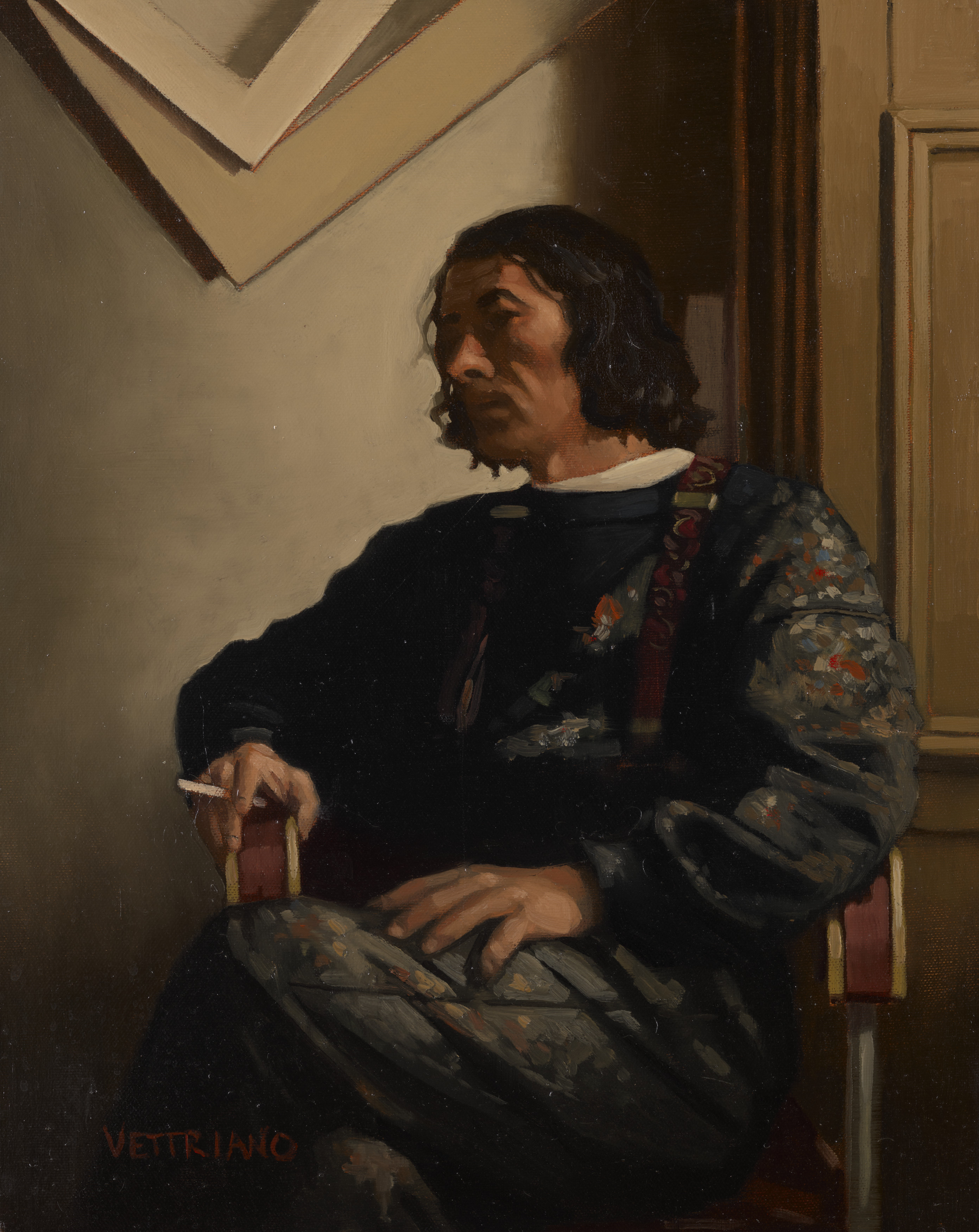 The Portrait Of The Artist painting, which features a man with neck-length black hair sitting on a chair, wearing paint-spattered clothing and with a cigarette in one hand