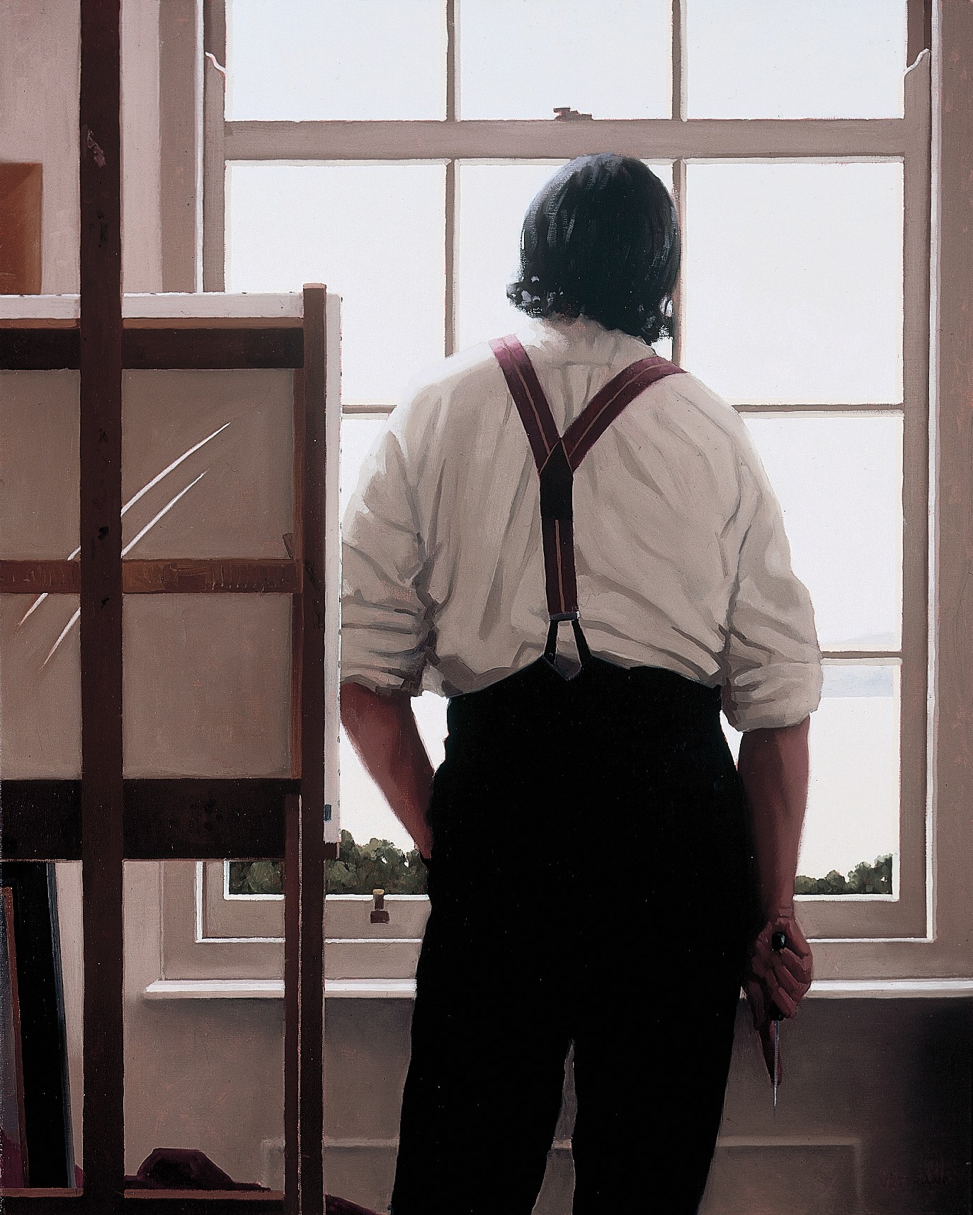 The painting Homage To Fontana?, which features a man facing towards a window, with a canvas with slash marks on it to his left