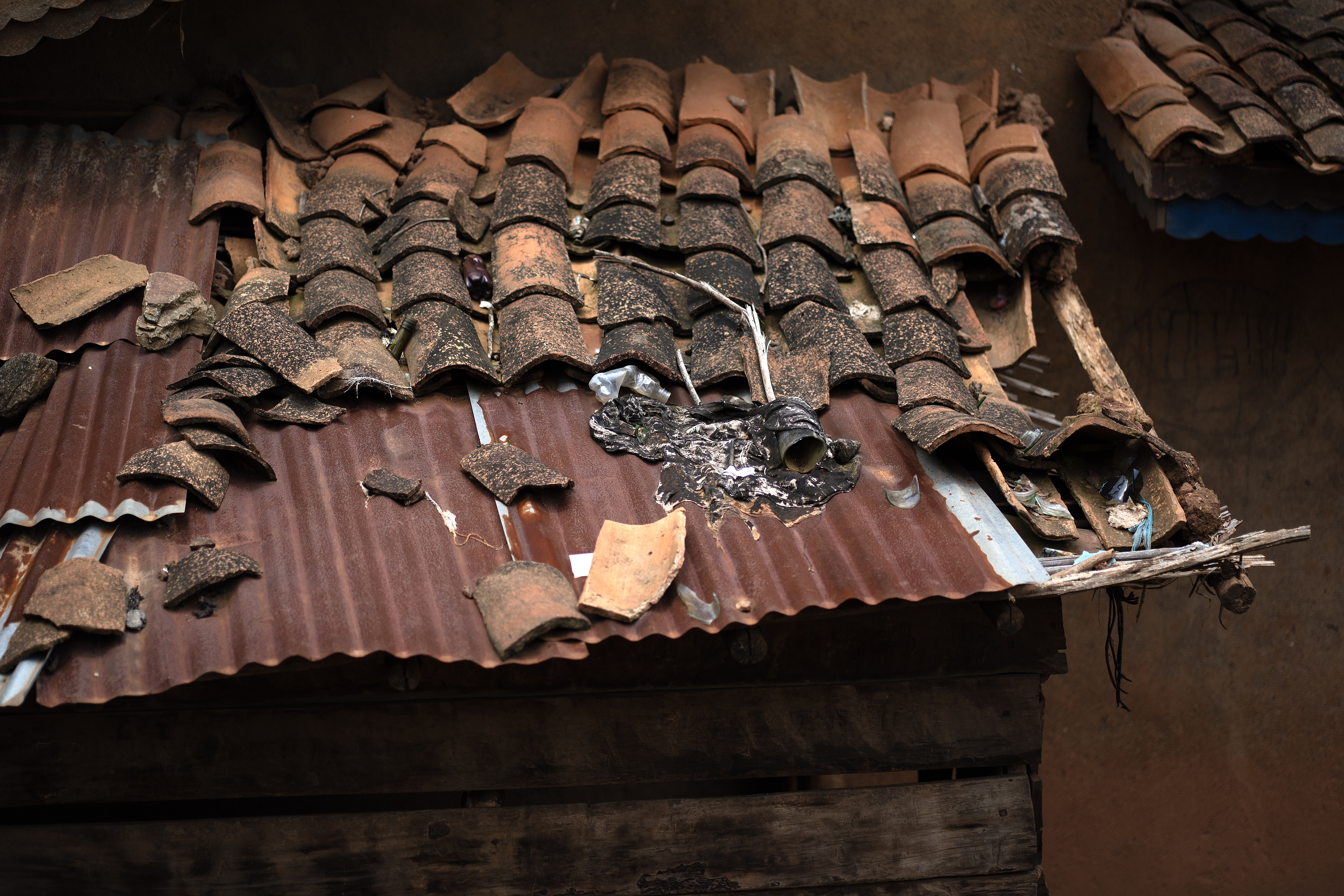 A storm damaged roof in the Karongi District of Rwanda