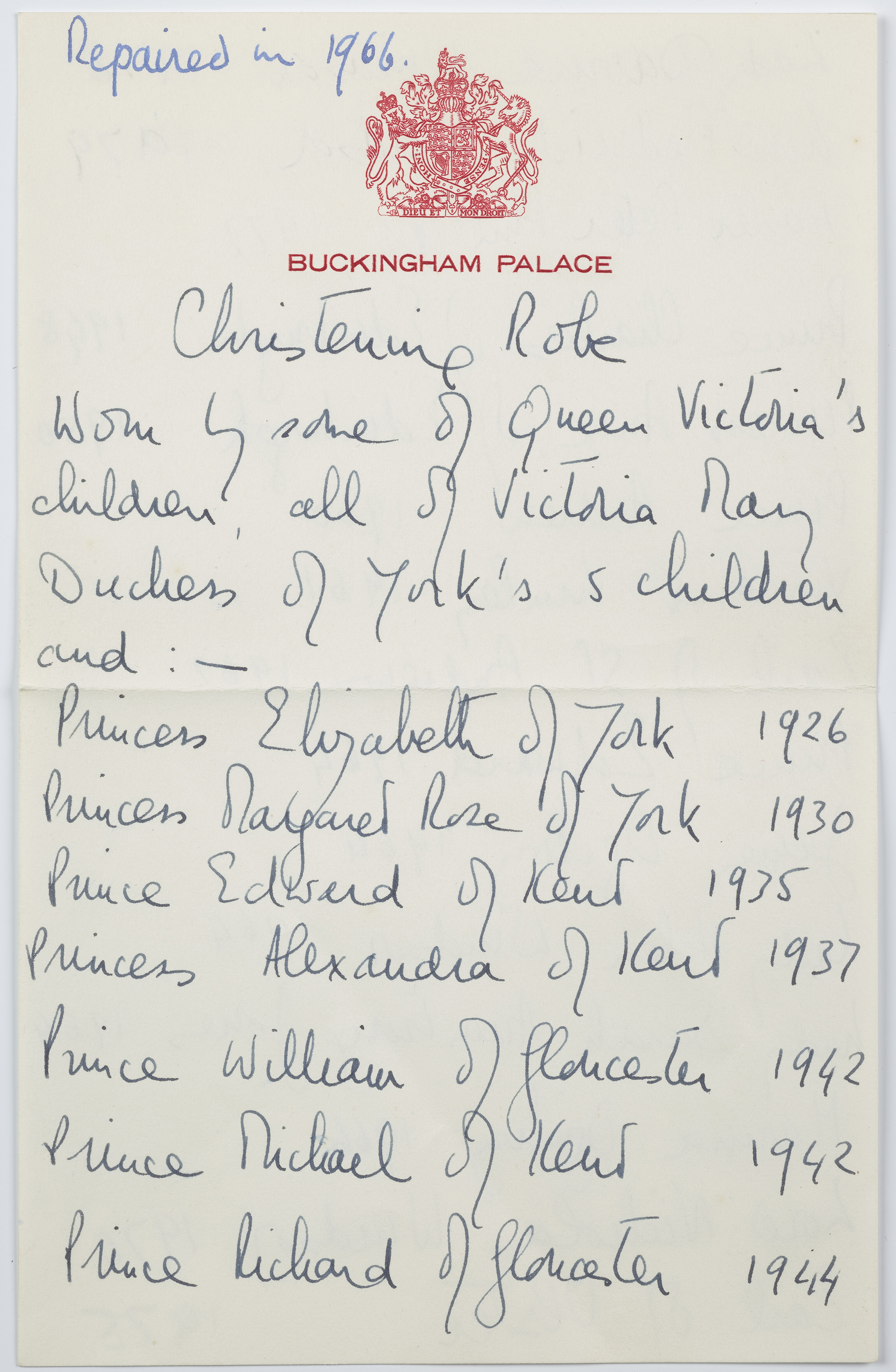 The late Queen's record of royal babies who wore the robe written on Buckingham Palace notepaper 