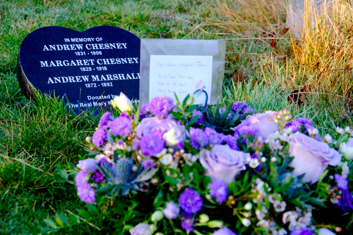 A grave marker for Andrew and Margaret Chesney and their nephew Andrew Marshall