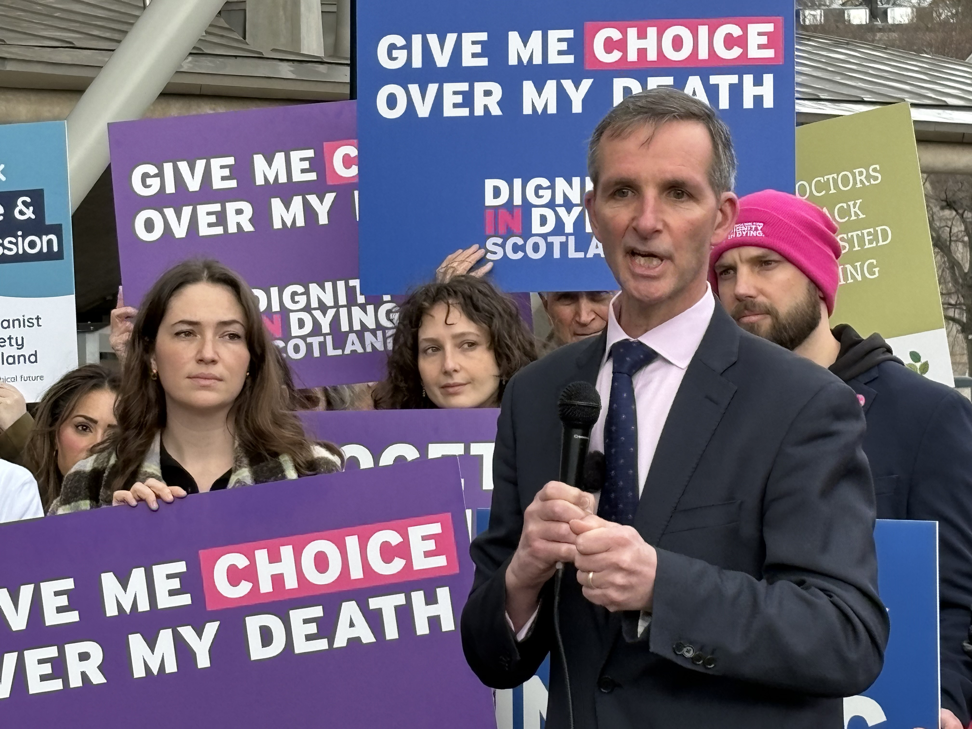 MSP Liam McArthur speaks with supporters of assisted dying ahead of Tuesday's debate