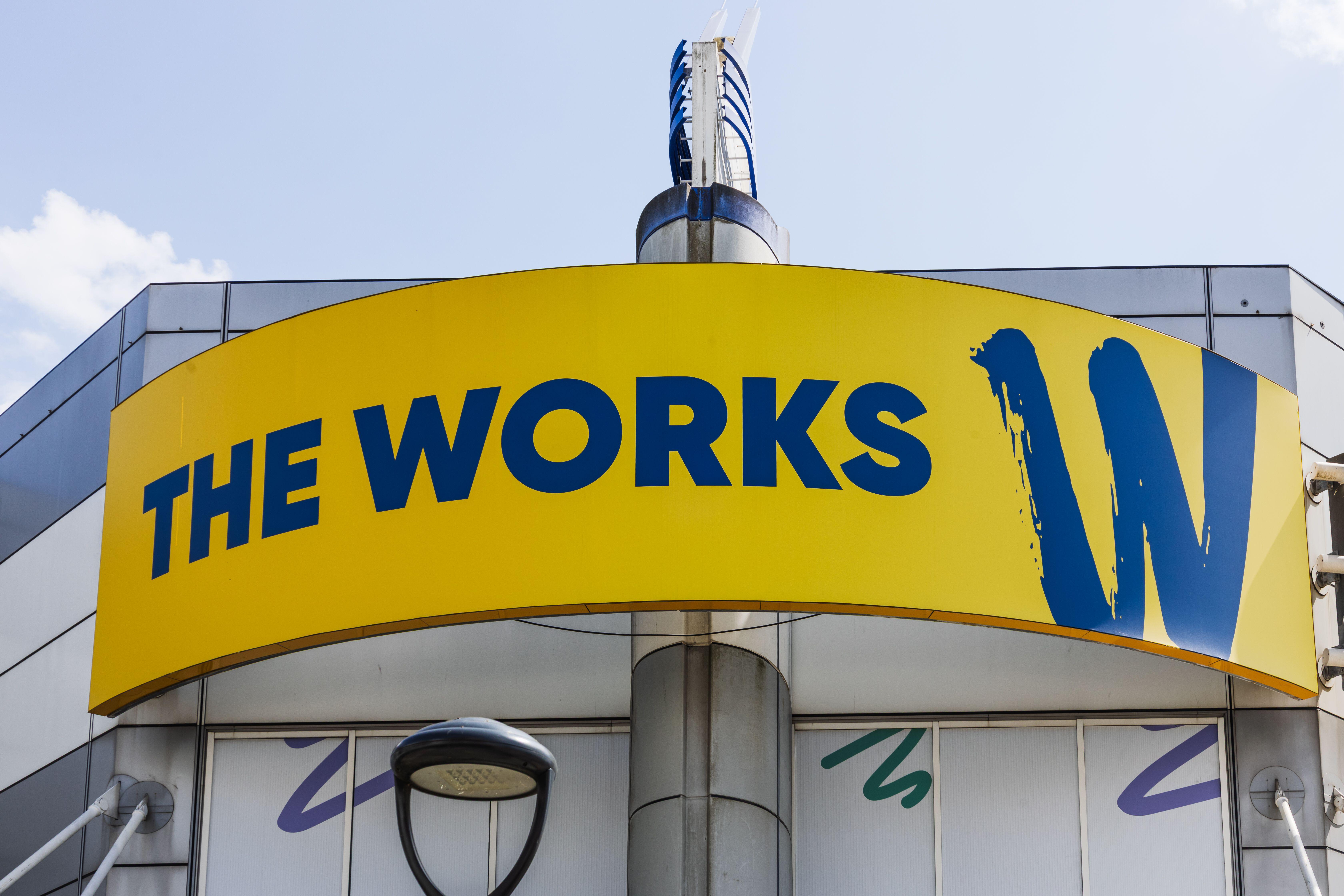 View of a yellow and blue The Works sign