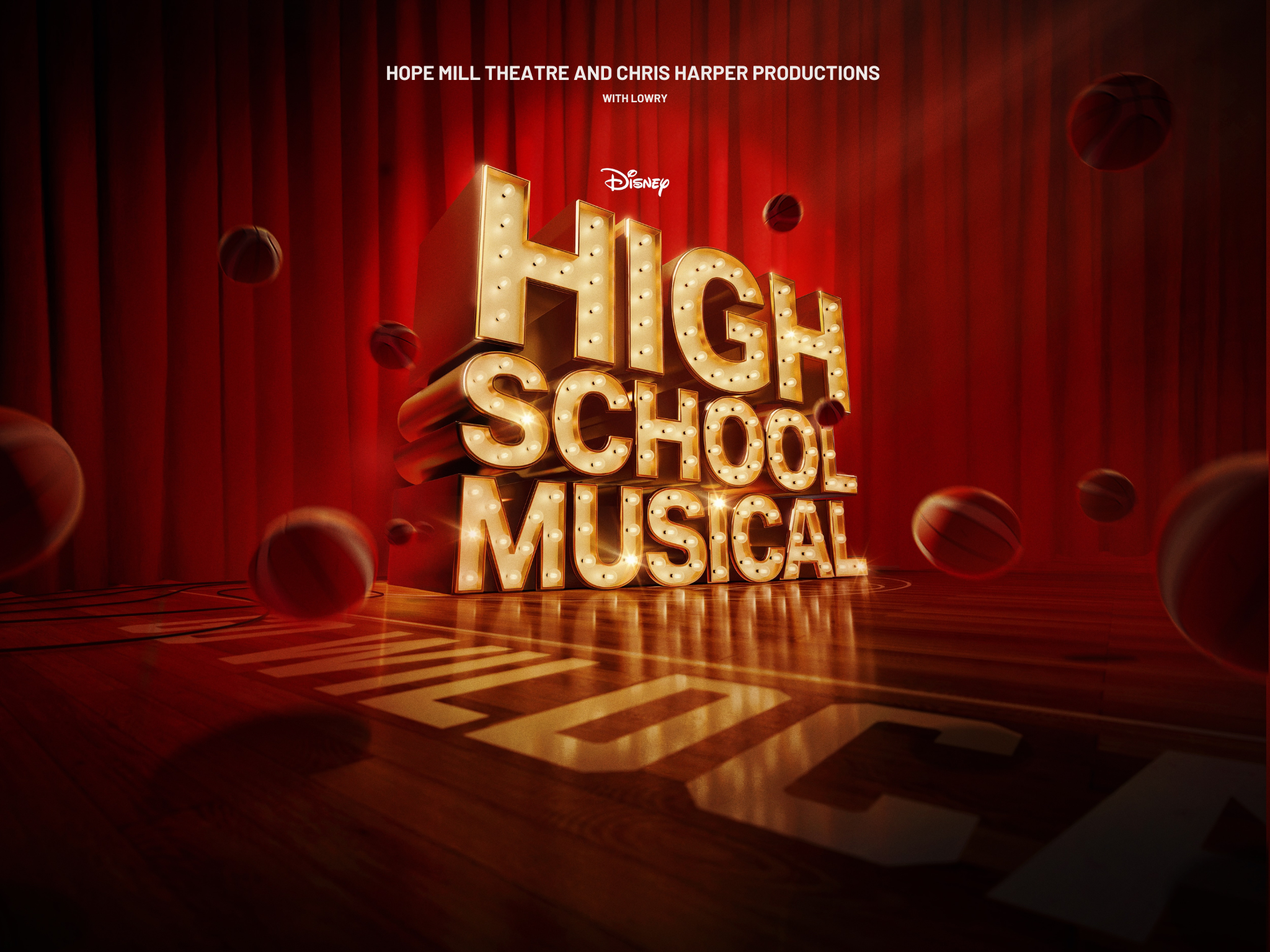 Artwork showcasing the words 'High School Musical' and numerous falling basketballs in front of a red curtain backdrop