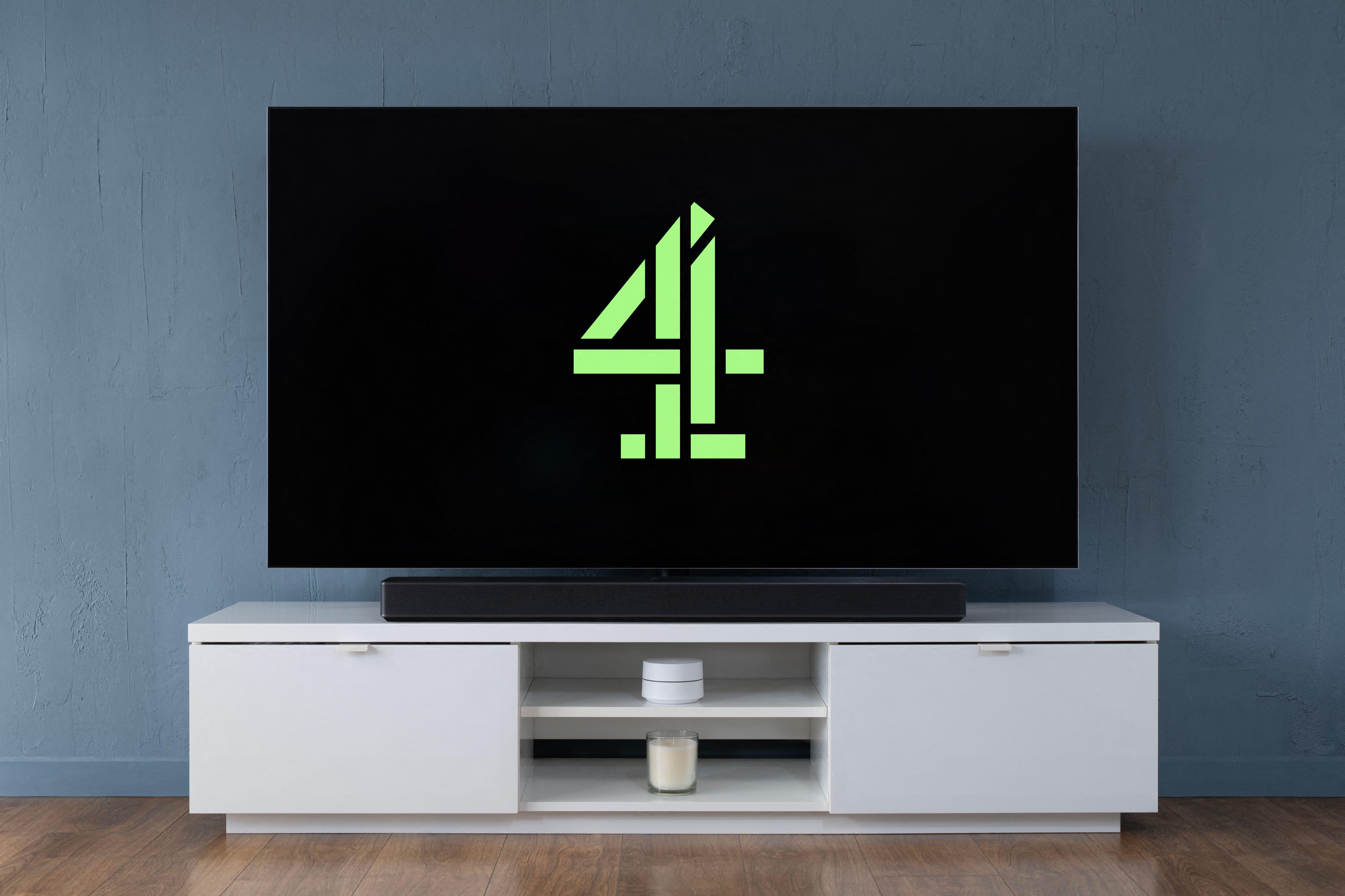 The Channel 4 streaming service logo is seen on a modern OLED widescreen TV